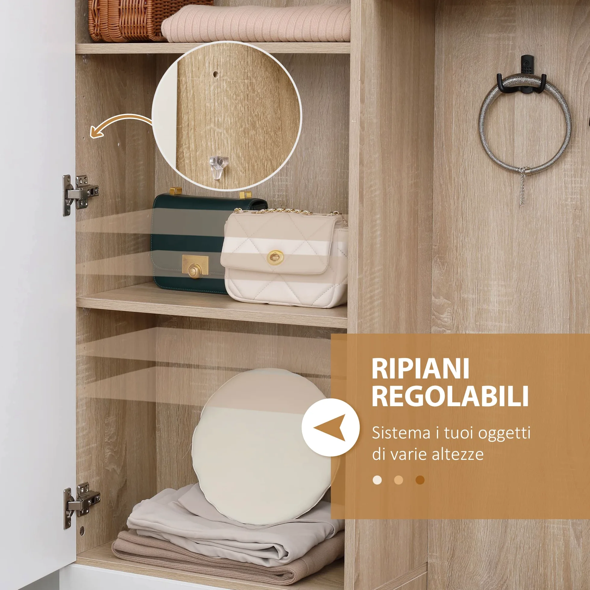 HOMCOM Mobile Attaccapanni da Ingresso 4 in 1 con Specchio, Ganci e Ripiani Regolabili Interni, Mobile da Ingresso Multiuso in Legno con Cassetto, 145x29x184 cm, Legno Naturale e Bianco