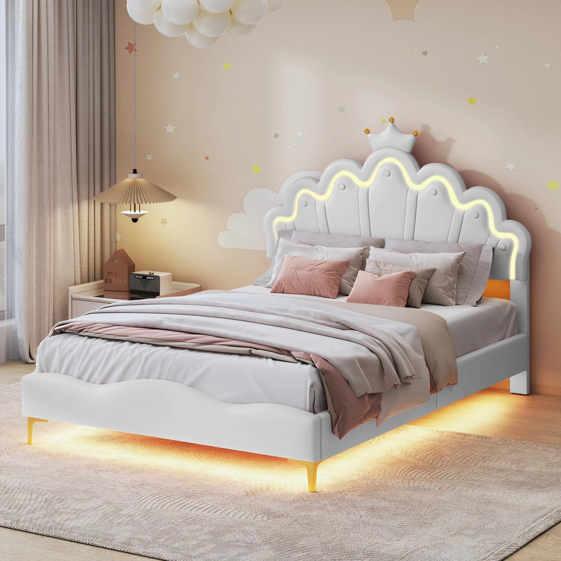 Letto per bambini imbottito 140x200 cm con LED, letto doppio per ragazza adolescente, testiera regolabile in altezza, design a forma di corona, rete a doghe, PU, senza materasso (bianco LED