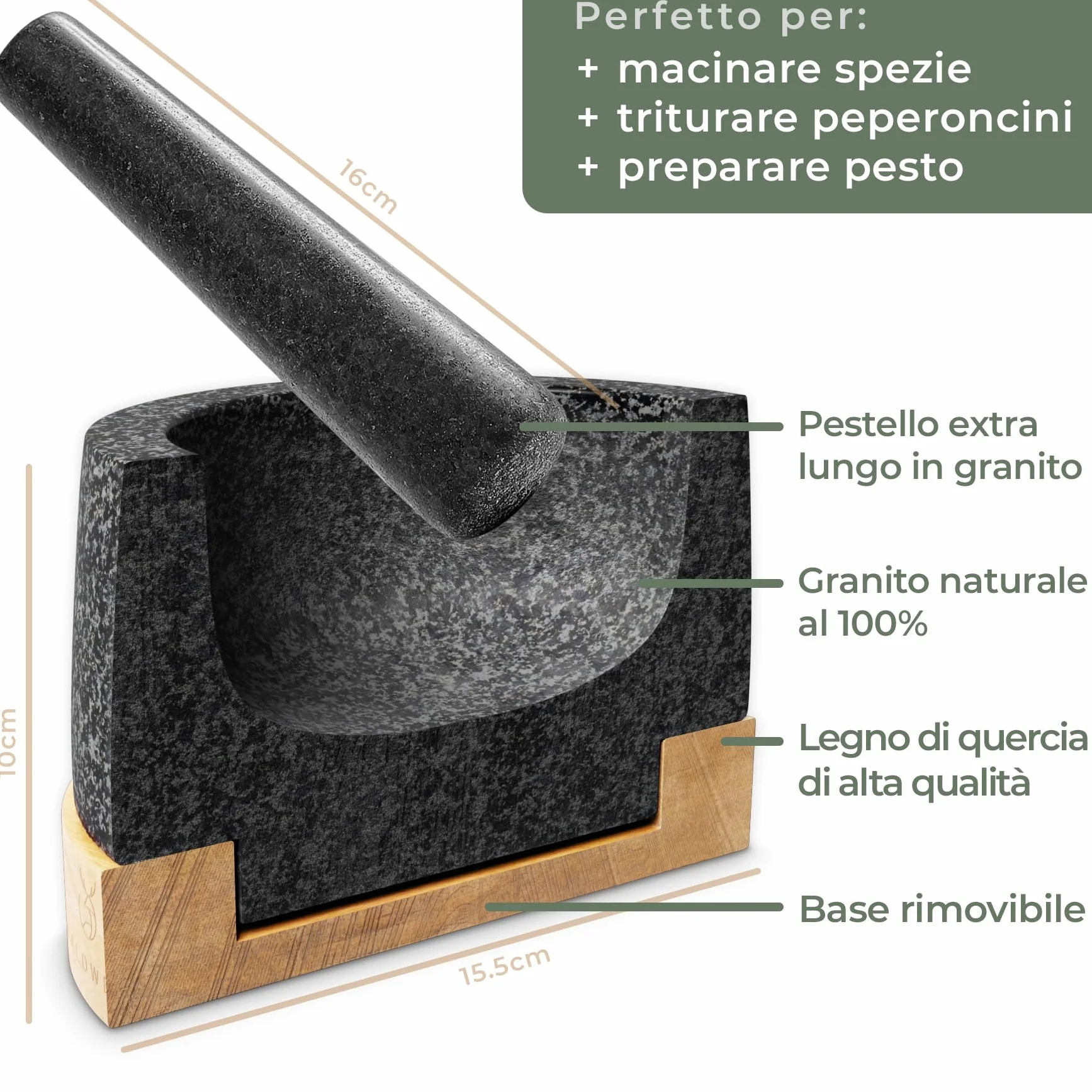 WALDWERK Mortaio con pestello (diametro 12 cm) - Mortaio su una base elegante e stabile in legno di acacia - Mortaio con pestello in granito naturale
