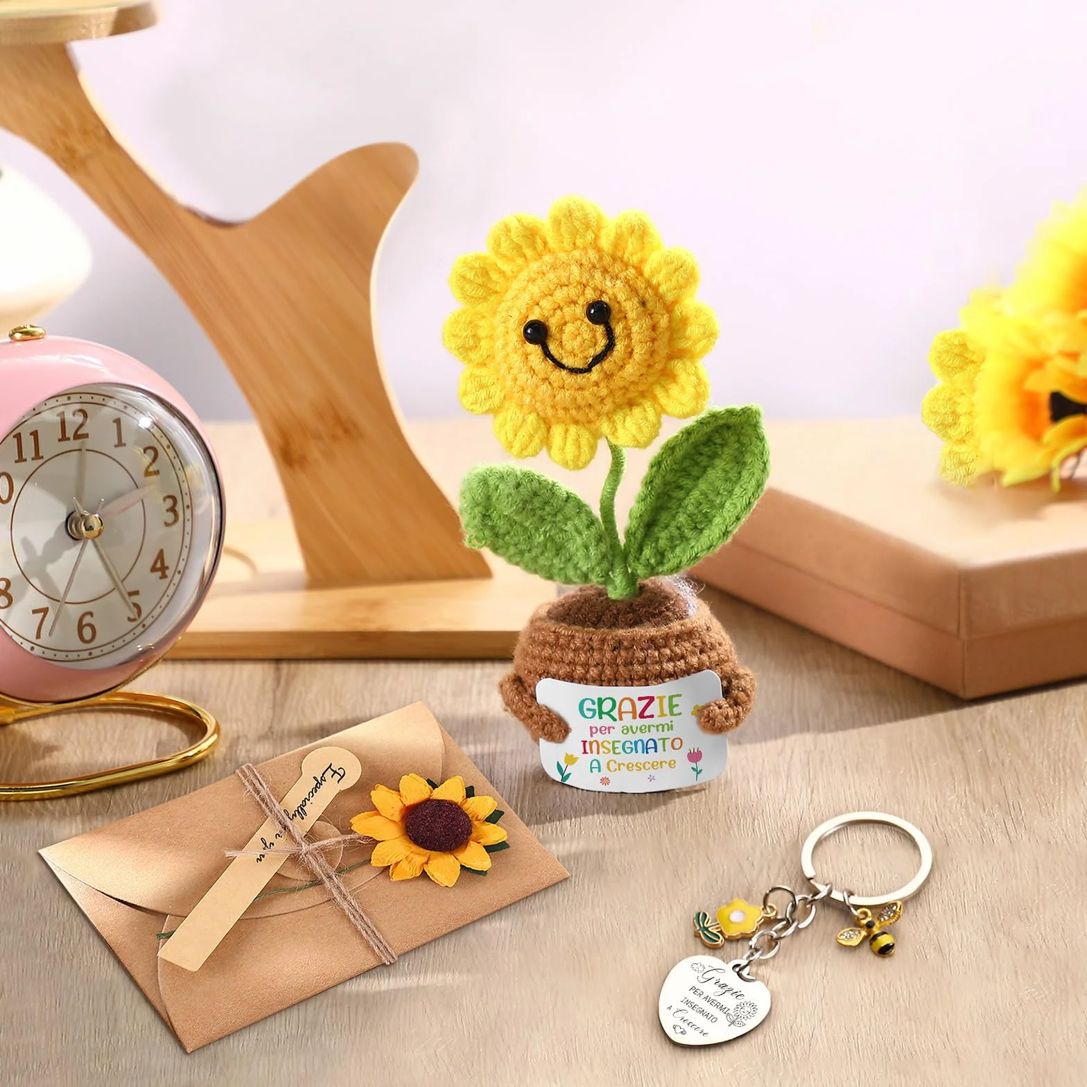 Zomiboo 2 Set Regali di Apprezzamento per Insegnanti Geazie per Avermi Insegnato a Crescere Bambola Girasole Positiva Portachiavi Maestra Biglietti di Auguri con Fiori Secchi Regalo Maestre Asilo