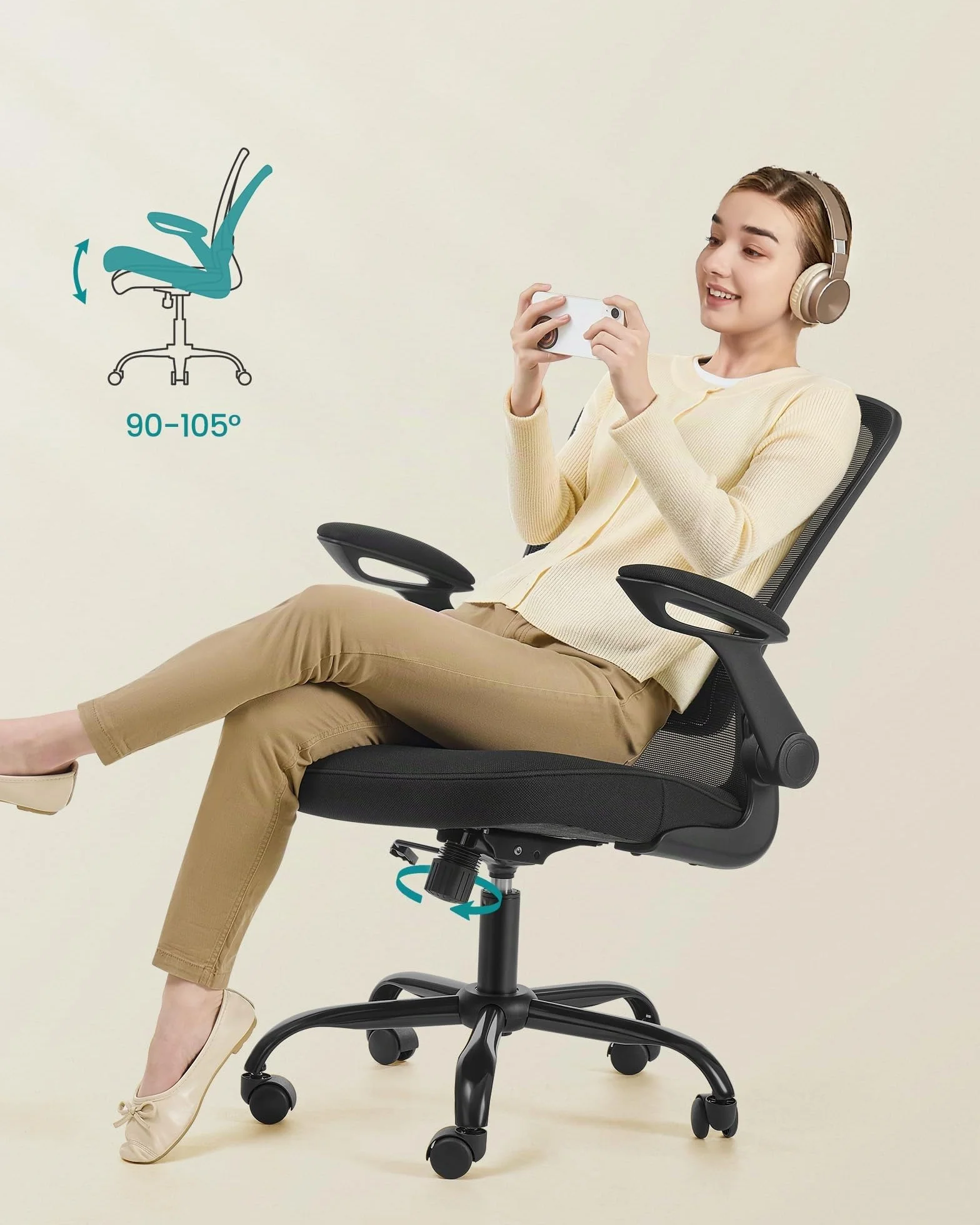 SONGMICS Sedia da Ufficio Girevole, Sedia di Rete da Computer Ergonomica, Supporto Lombare, Oscillante, Seduta 53 cm, Braccioli Pieghevoli, Nero OBN37BK