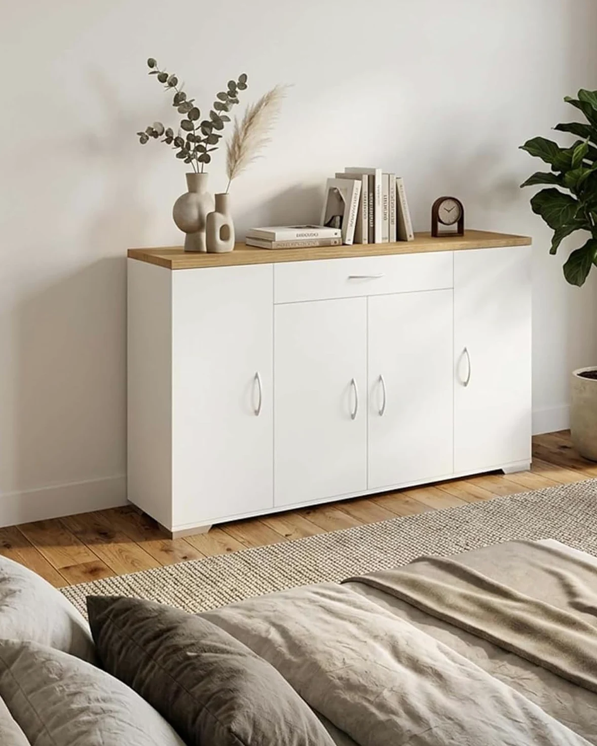 hitsuki Comò Camera da Letto Bianco con 4 Ante e 1 Cassetto 110×30×70cm | Mobile contenitore con 4 ante e 1 cassetto per organizzare biancheria, abiti e oggetti personali nella camera da letto