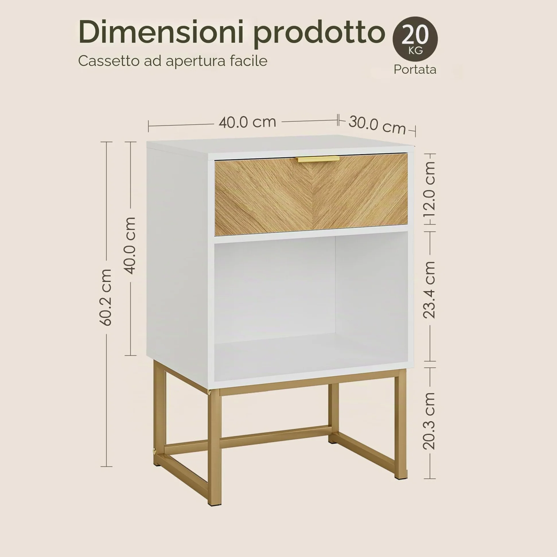 HEYZOEY Comodino moderno, bianco, 40,00 x 30,00 x 60,00 cm, con cassetto in rovere, per soggiorno, camera da letto, ufficio
