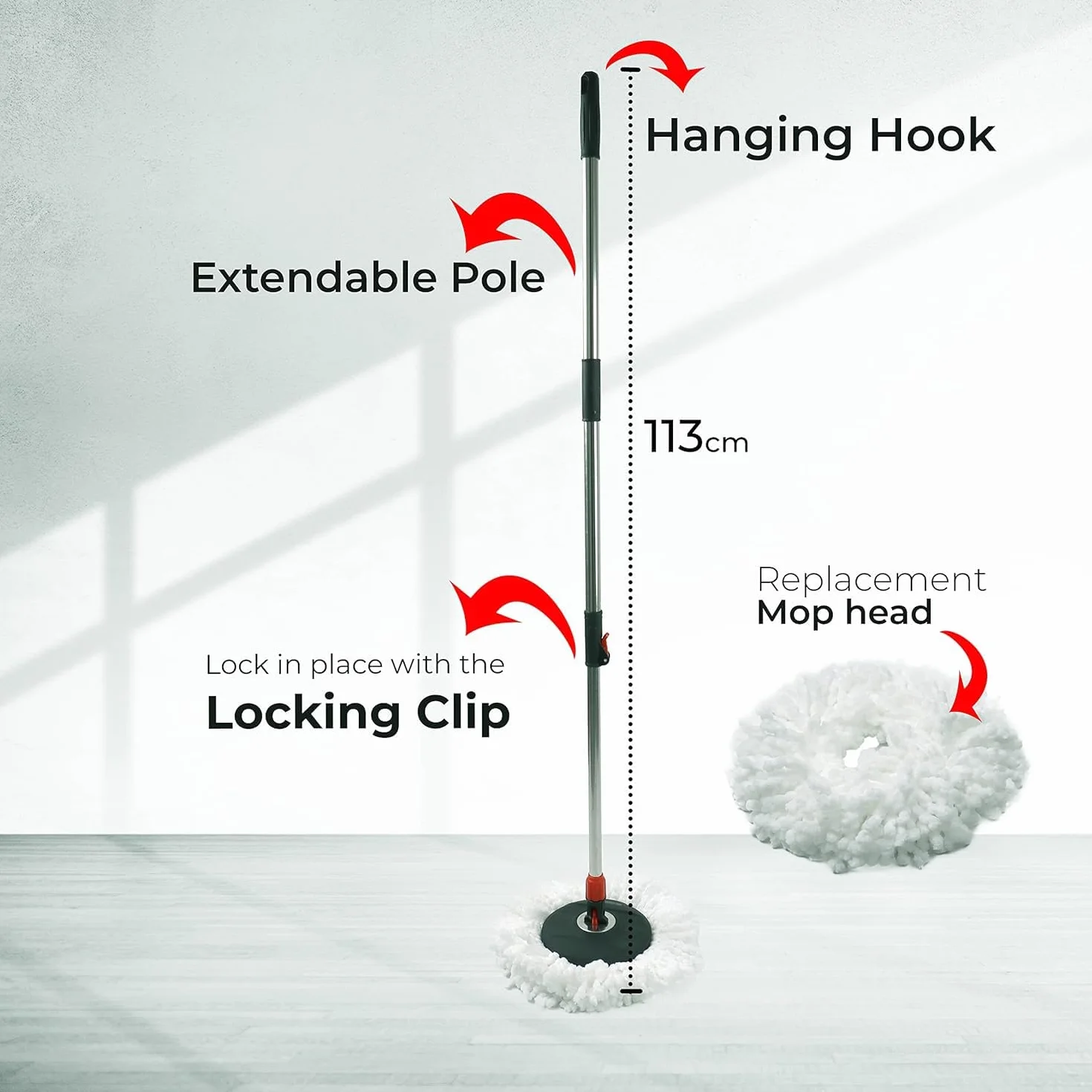 Meridiana - Spin mop Lavapavimenti Con Sistema di Strizzatura Manuale attivabile attraverso il Manico, Set per la Pulizia dei Pavimenti con Secchio e Cestello in ACCIAIO INOX, Panno 100% Microfibra