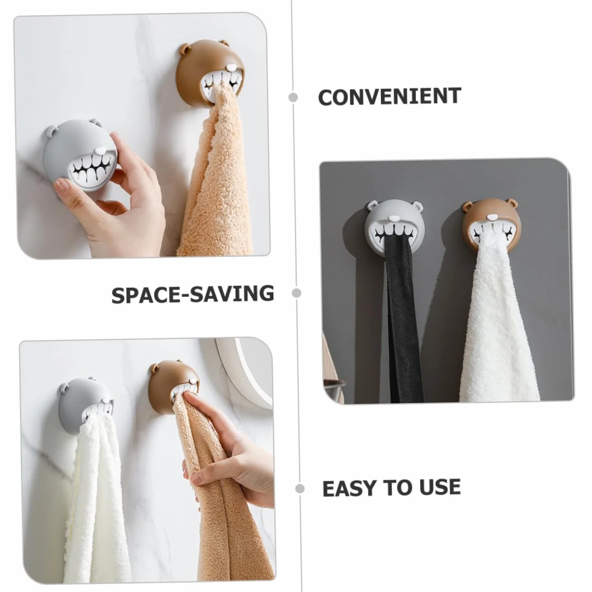 Ganci Portasciugamani Adesivi Set 4 Pezzi Orsetto Decorativo Parete Grigio Marrone