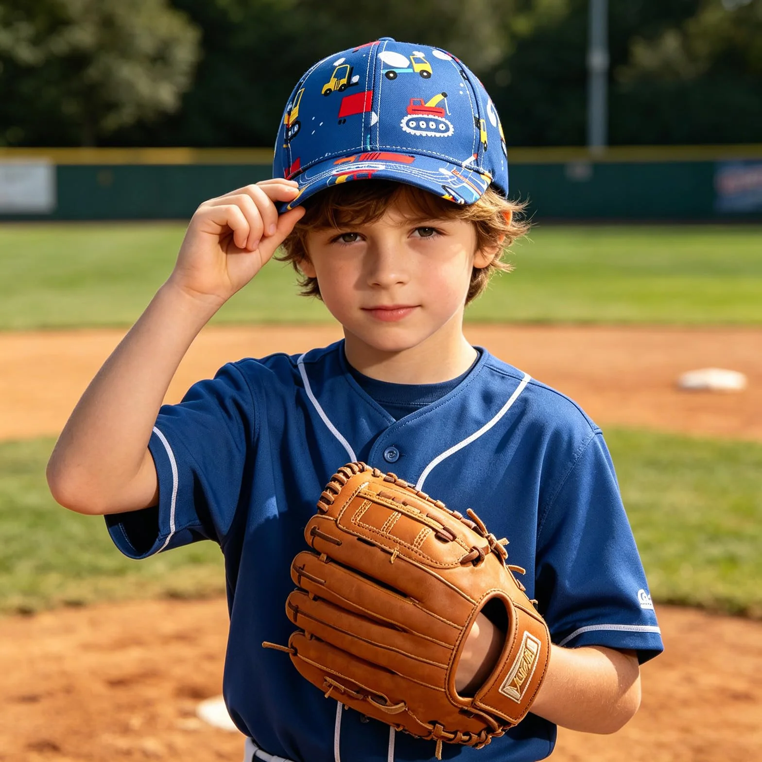 Cappellino Baseball Bambini 3-8 Anni Protezione UV Visiera Larga Berretto Sportivo Regolabile Chiusura Fibbia Design Camion Cantiere Escavatore