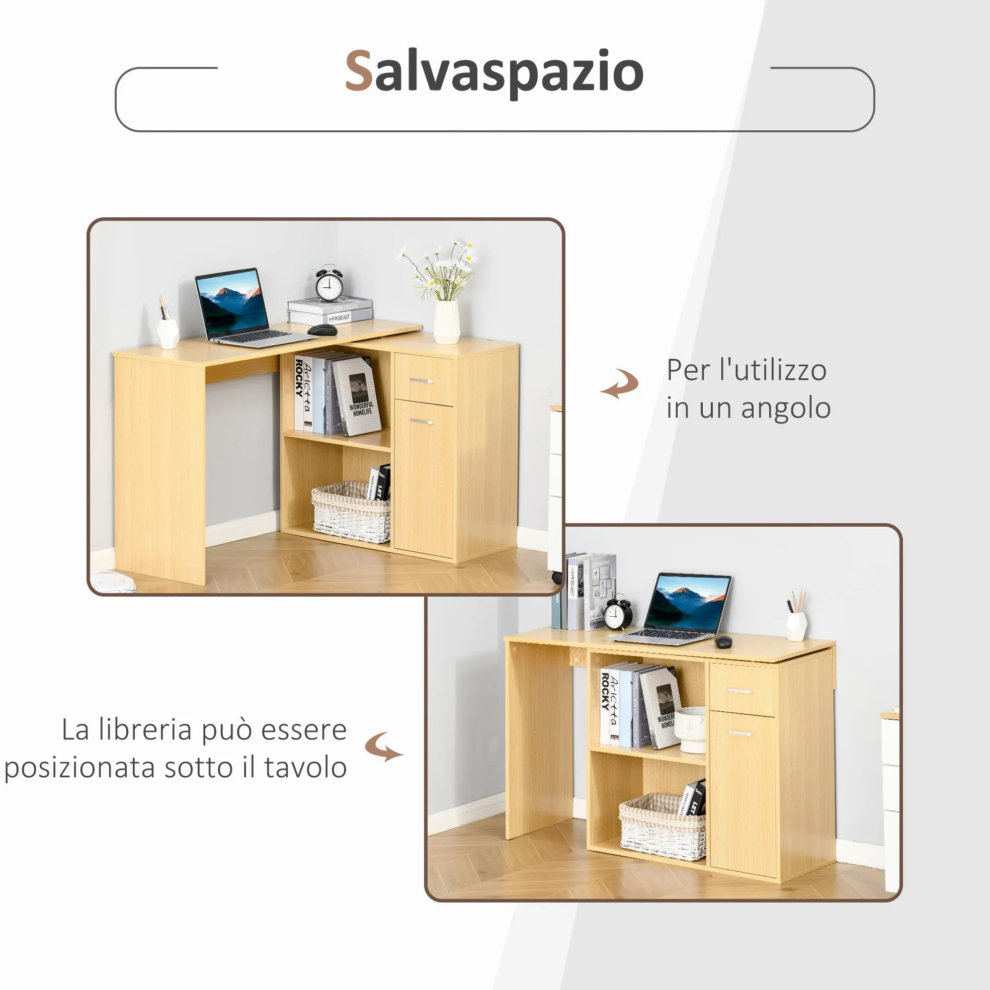 HOMCOM Scrivania Angolare per Studio 2 Cassetti 117x82x74cm Rovere Legno | per Ufficio, 2 Ripiani, Scrivania Moderna