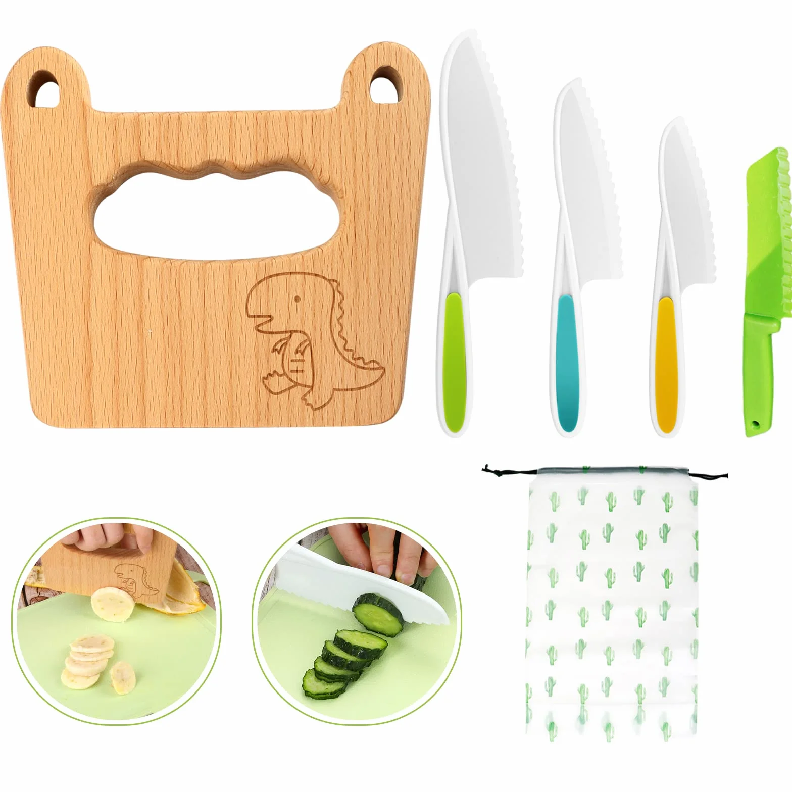 Goodchef Set di 5 coltelli da cucina per bambini per tagliare e cucinare frutta o verdura per bambini piccoli, con coltello in legno a prova di bambino a partire dai 2 anni (dinosauro dagli occhi