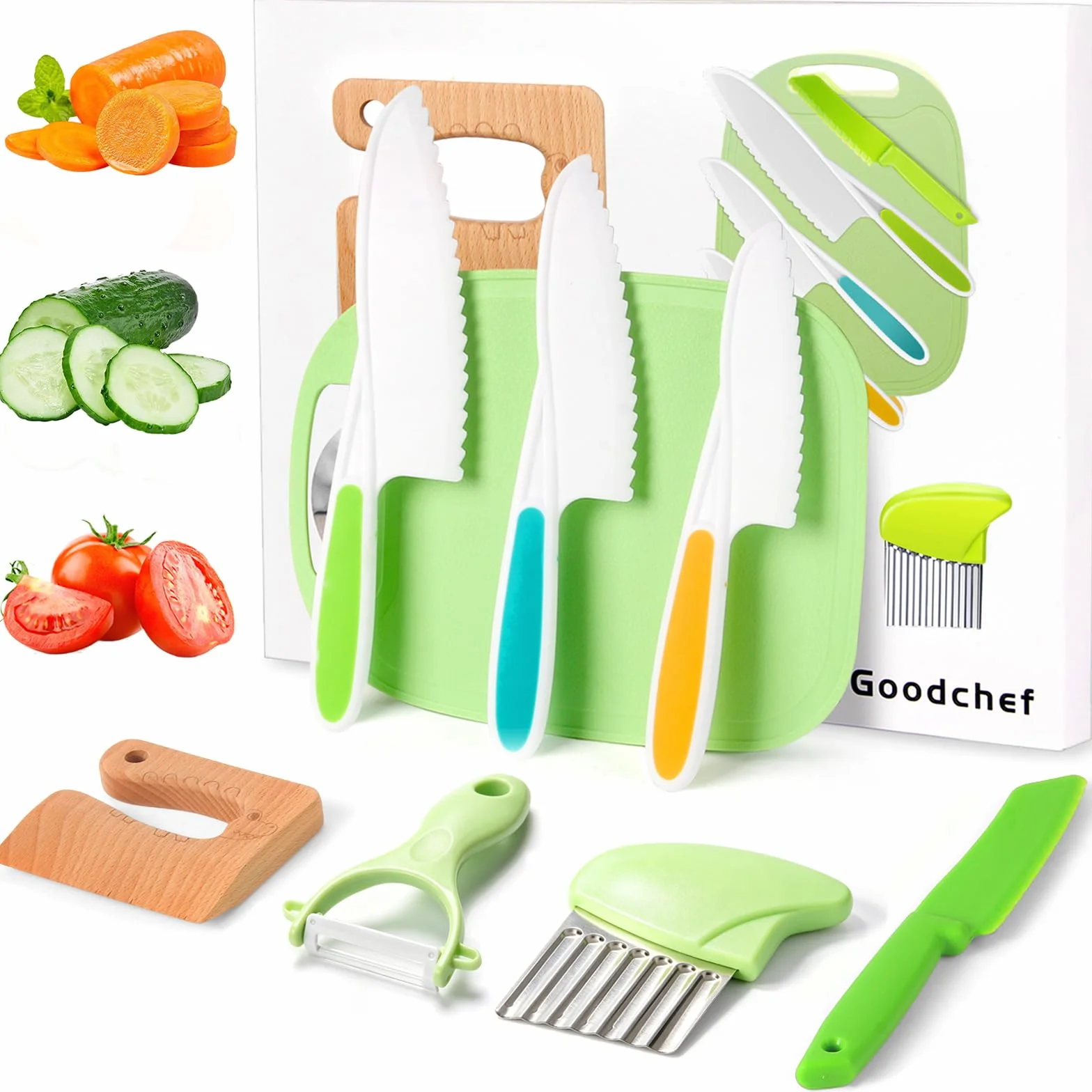 Set di 8 coltelli da cucina per bambini, per tagliare e cucinare, frutta o verdura, incluso coltello in legno, tagliere e pelapatate, coccodrillo