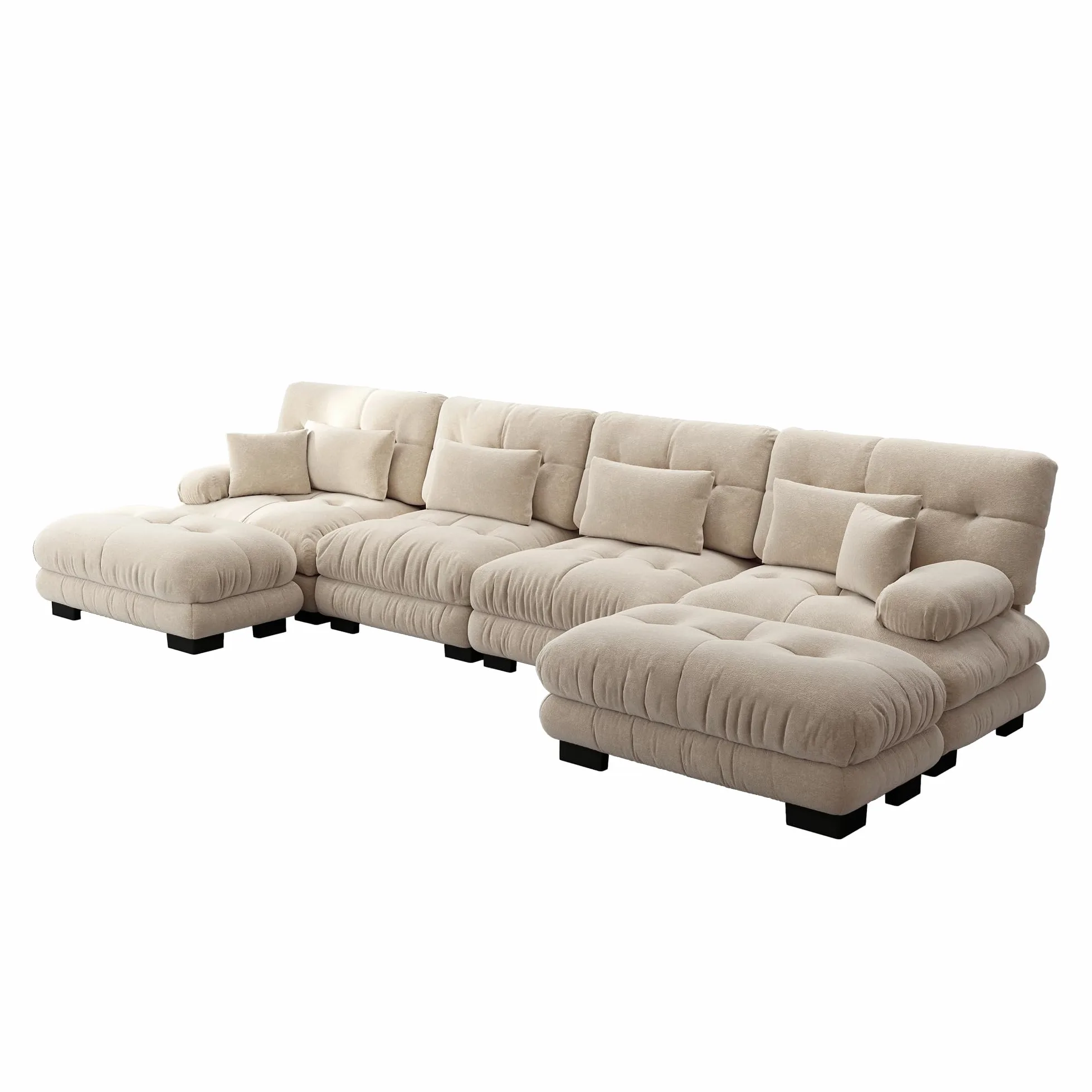 Divano angolare modulare, set divano a forma di U per soggiorno, 4 posti, comodi divani cloud con pouf mobile, combinazione fai da te, caffè leggero, ciniglia marrone chiaro