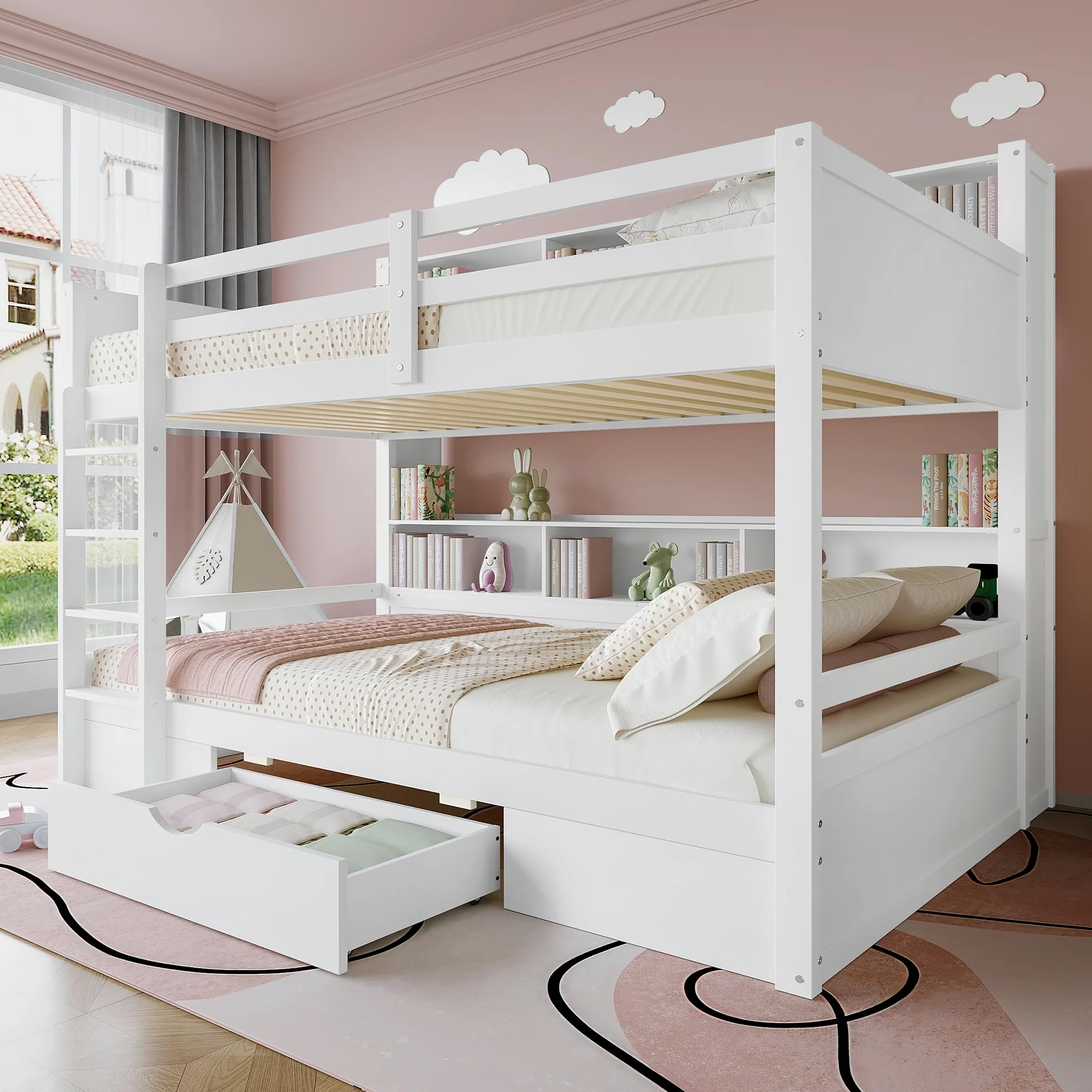 Moimhear Letto singolo, 90 x 200 cm, letti a castello, letti a castello, con cassetti, con vano portaoggetti (bianco)