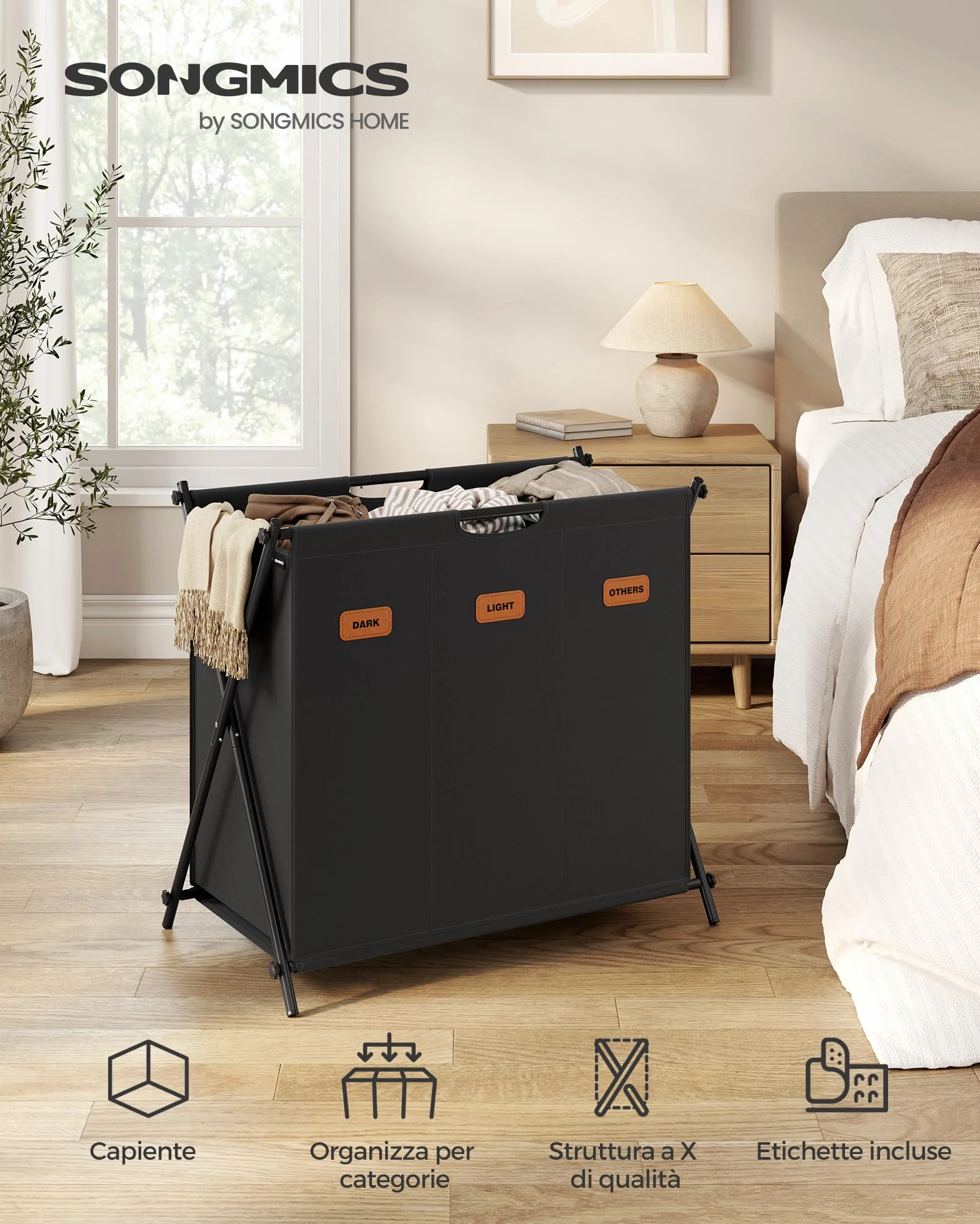 SONGMICS Cesto Portabiancheria, Porta Biancheria Sporca da 135 L, 3 Scomparti, Struttura Pieghevole a X, con Etichette, per Lavanderia Bagno Camera da Letto, Nero Inchiostro LCB130B01