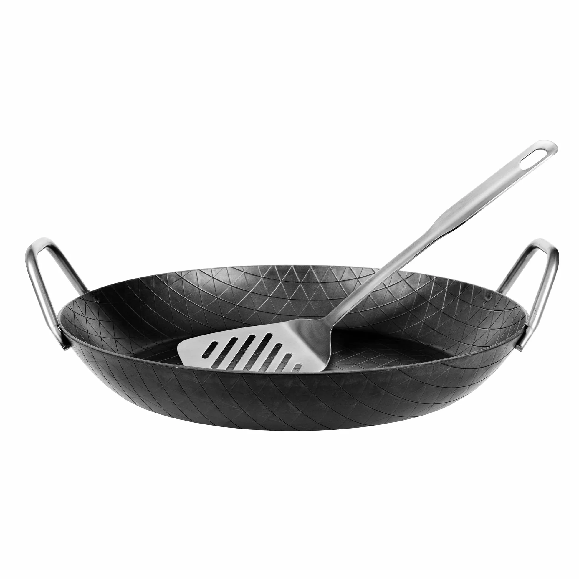 Gräwe, Tegame in ferro battuto, diametro di 32 cm, bordo alto, 2 manici, con scanalature, inclusauna spatola
