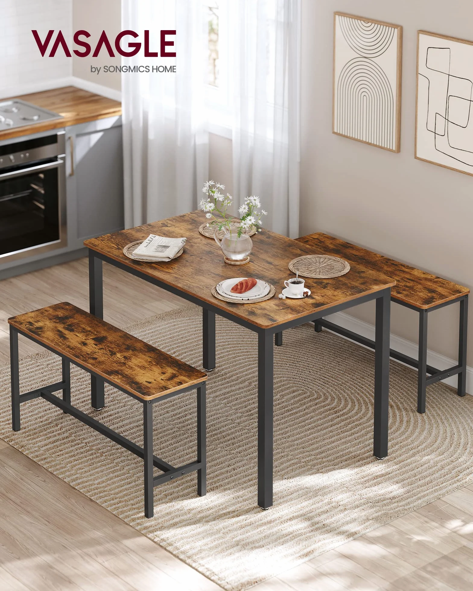 VASAGLE Tavolino da Pranzo con 2 Panche, Set di 3 Pezzi, Tavolo da Cucina 70 x 110 x 75 cm, 2 Panche 30 x 97 x 50 cm, Struttura in Acciaio, Marrone Vintage e Nero KDT070B01