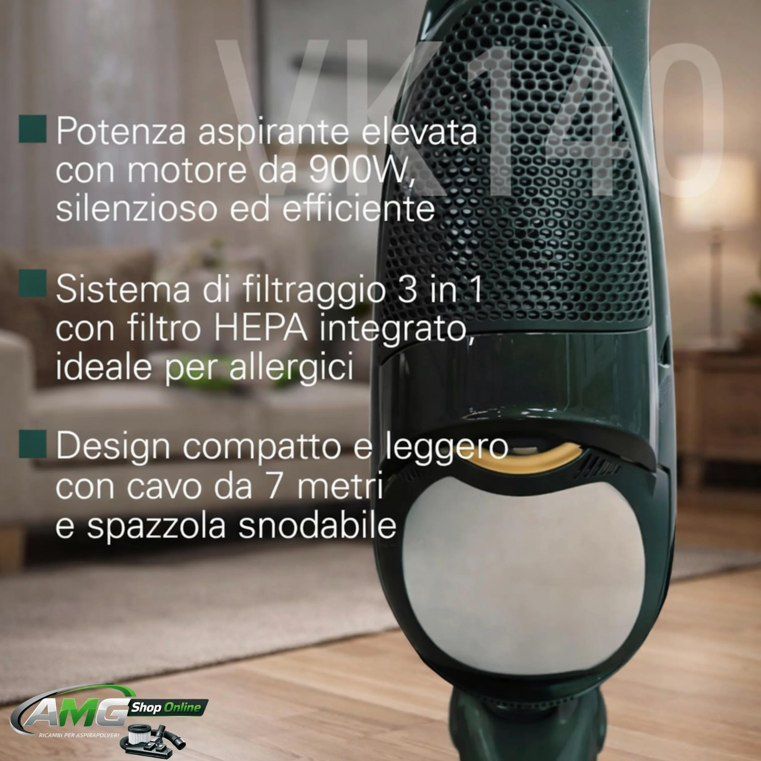 Aspirapolvere VK140 FOLLETTO + Spazzola HD40 + 6 Sacchetti, Sacco 2,5L, Filtri e Profumini Inclusi, Motore Originale, 74 dBA, 3 kg, Garanzia 2 Anni