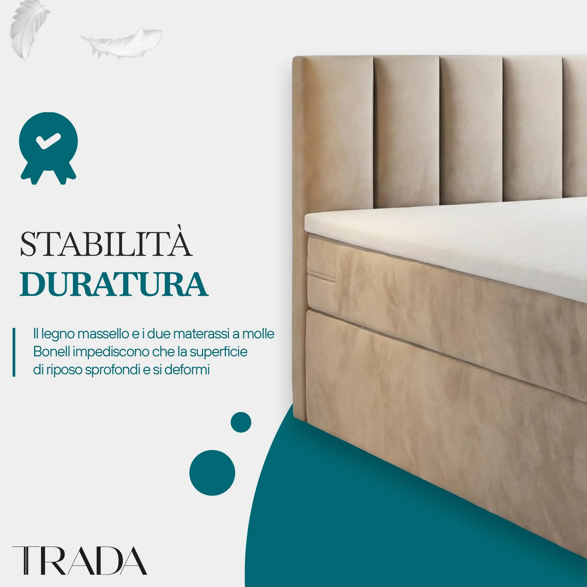 TRADA Letto Contenitore Matrimoniale con Contenitori e Materasso Pocket H3 - Elegante Letto PALERMO con Materasso e Topper - Beige - 180 x 200 cm