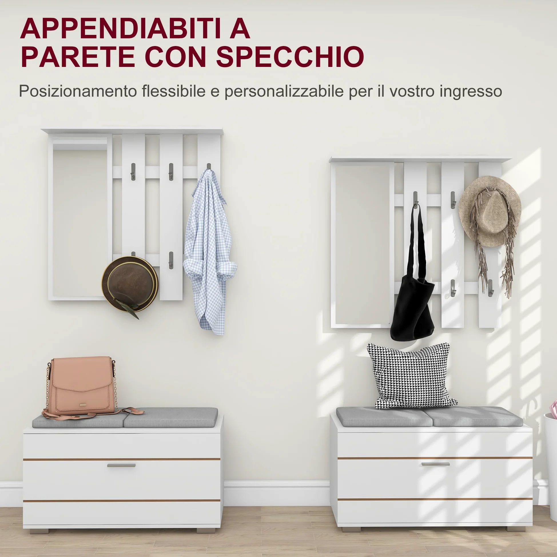 HOMCOM Set 4 in 1 Mobili da Ingresso con Appendiabiti, Specchio, Panca con Cuscini e Scarpiera per 8 Paia di Scarpe, Bianco