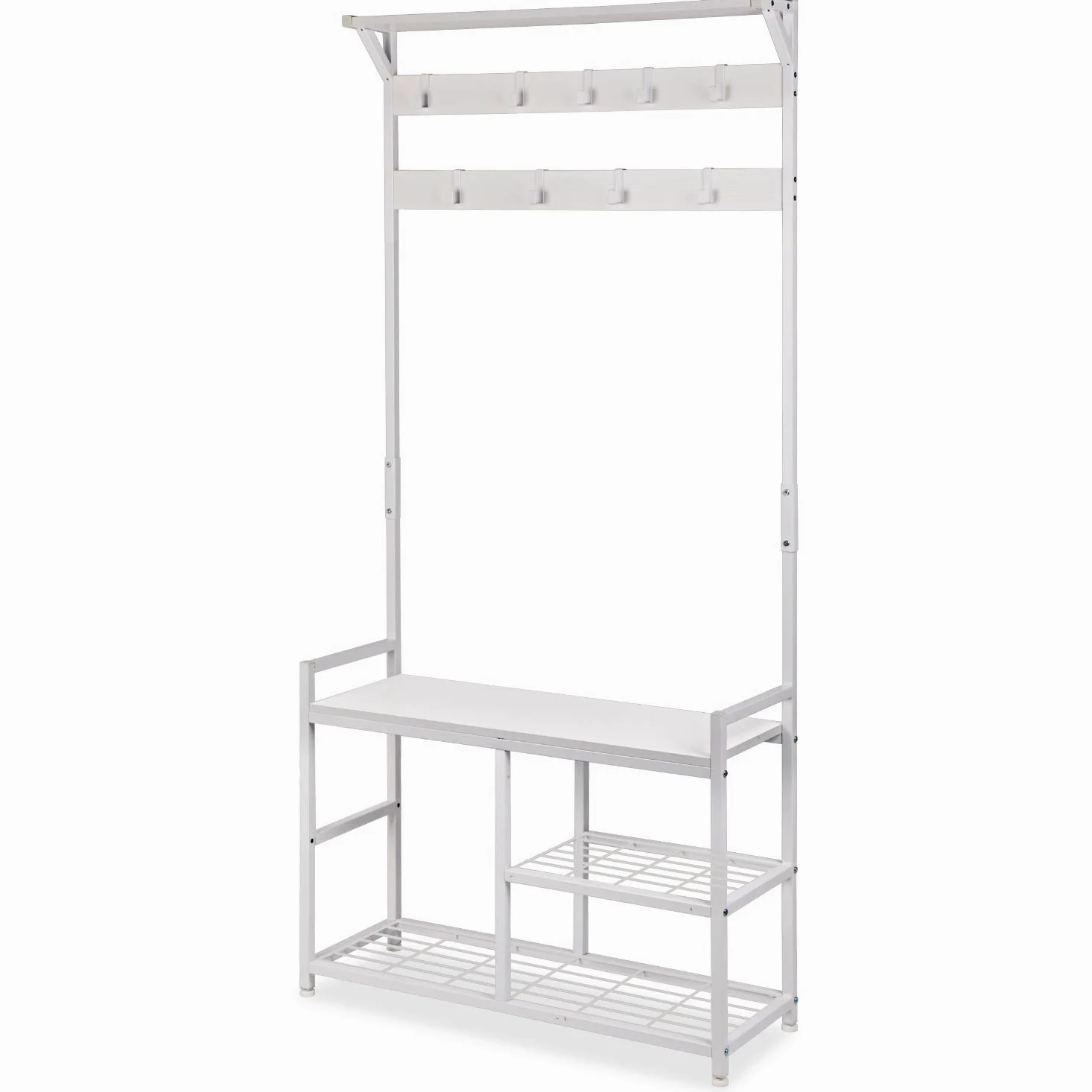 Leader Accessories Appendiabiti, Attaccapanni Autoportante, Scarpiera con Panca, Ganci Rimovibili, Mobile Ingresso Corridoio, Altezza di 183 cm, Industriale, Struttura in Metallo, Bianco