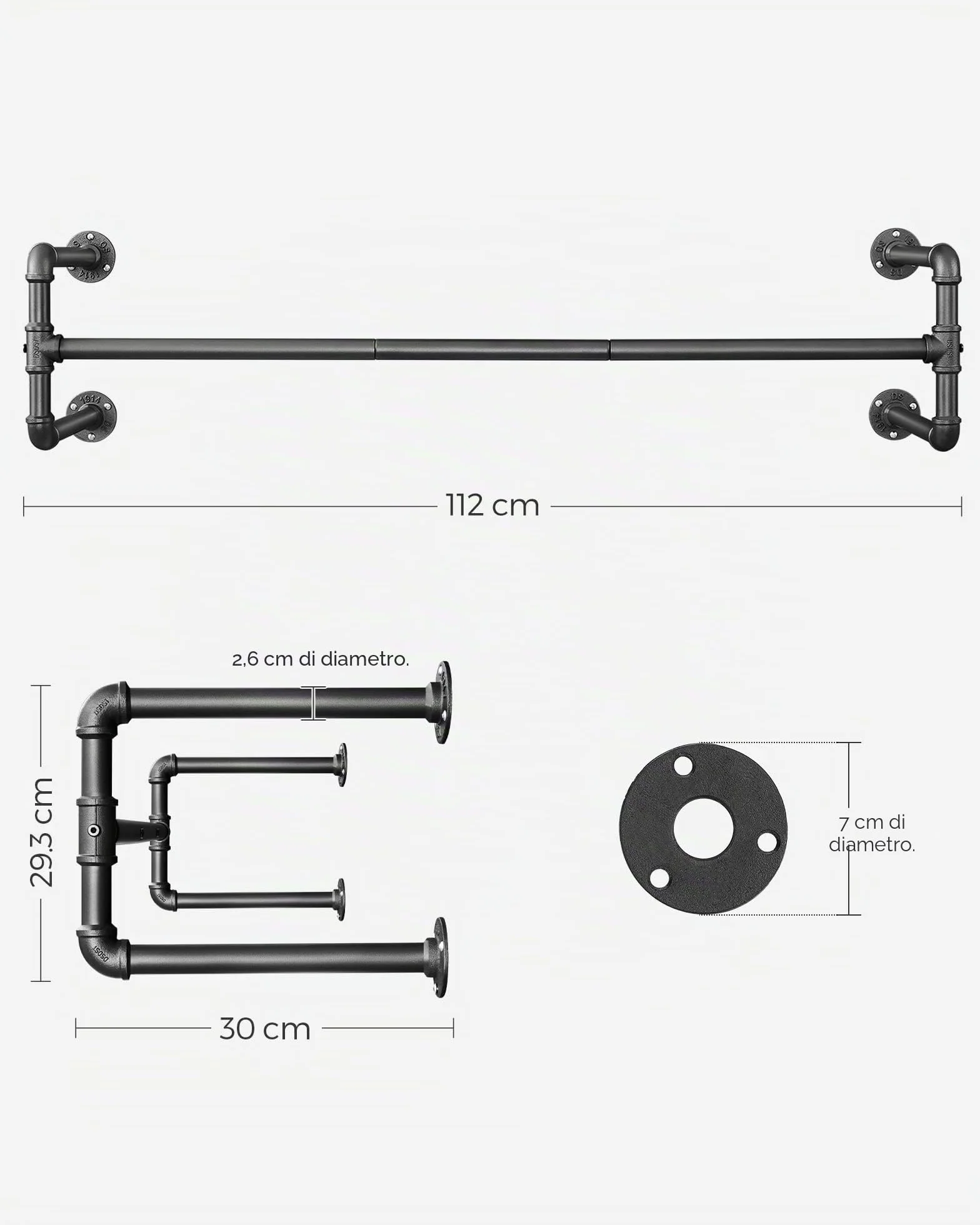 SONGMICS Attaccapanni da Muro Set di 2, Barra Appendiabiti a Parete, 112 x 30 x 29,3 cm, 60 kg, Nero