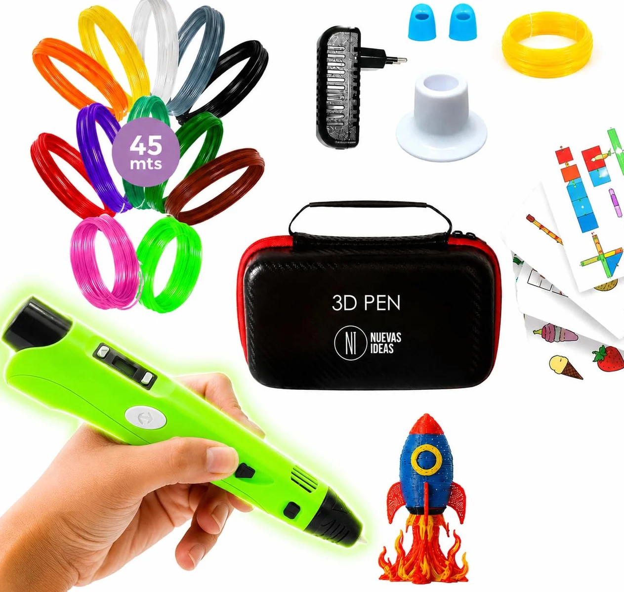 Penna 3D con filamento PLA, display LCD, temperatura e velocità regolabili, borsa per trasporto