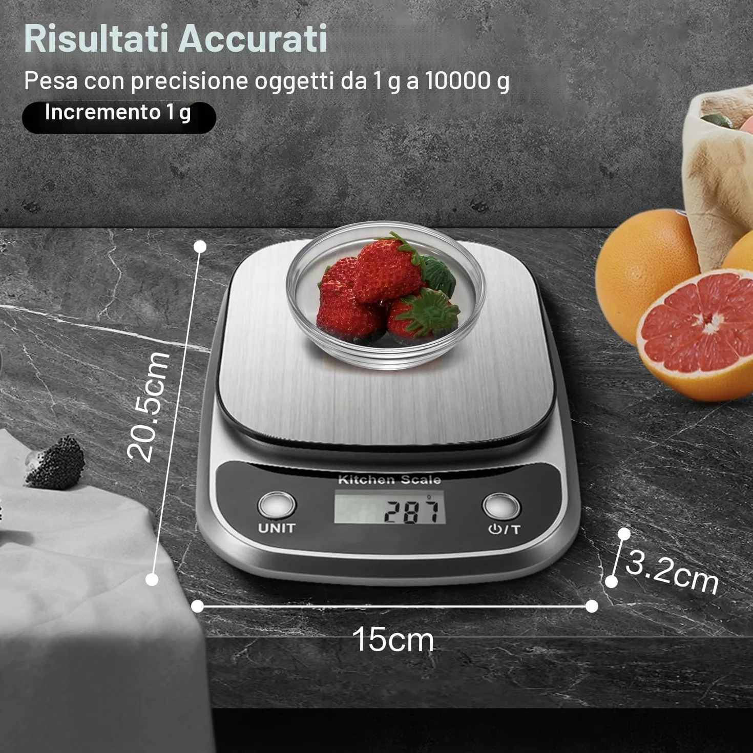 GRAM PRES Bilancia digitale da cucina per alimenti, peso in grammi e oz, bilancia professionale da 10 kg/1 g, per dimagrire e cottura al forno