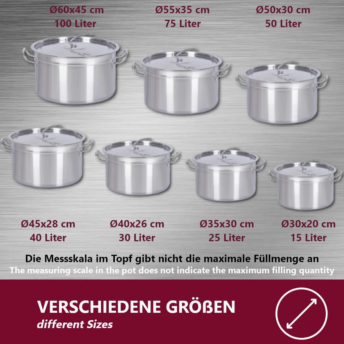 Euro Tische Pentola per la gastronomia (75 l), da 15 a 100 litri, in acciaio inox, ideale per tutti i piani cottura e le grandi cucine, set di pentole Gastro