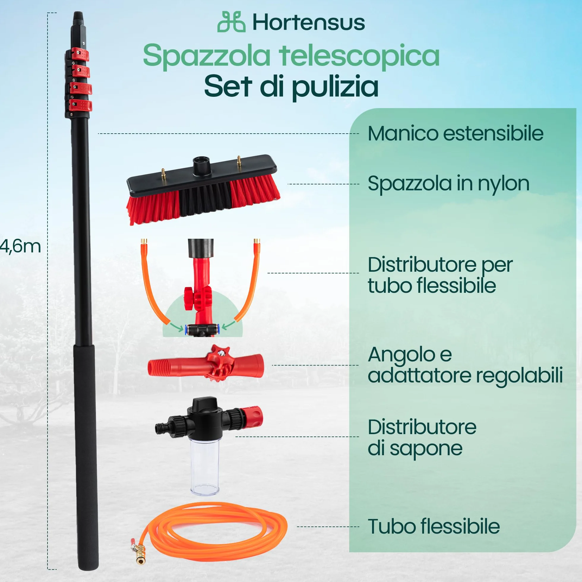 Spazzola Lavaggio con Asta Telescopico – Spazzola Telescopica con Collegamento all’Acqua per Pannelli Fotovoltaici e Solari, Auto, Camper, Grondaie, Tetti e Facciate Pulizia (4,6 m)