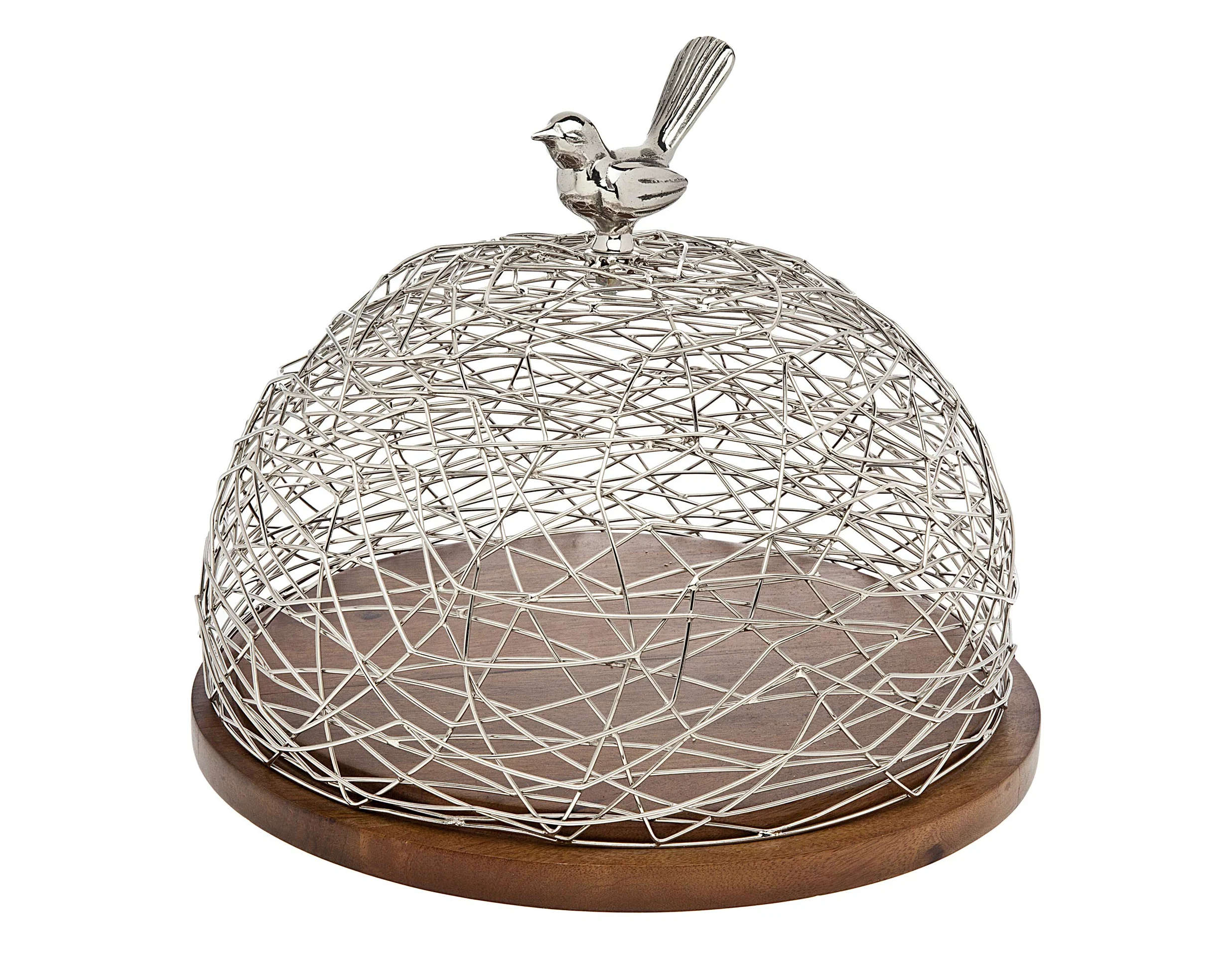 Godinger Wood Cake Tray with Nest Dome Bird Finia Platter Server Holiday Decoration Table Centerpieces
