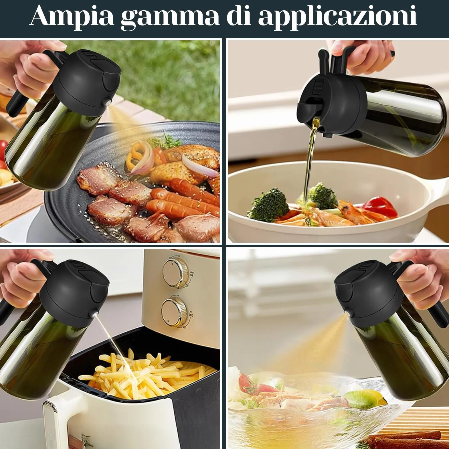 Spruzzatore per olio in vetro da 470 ml, 2 in 1, dispenser e flacone spray – per cucina, friggitrice ad aria e grill – senza BPA, a prova di perdite, riutilizzabile