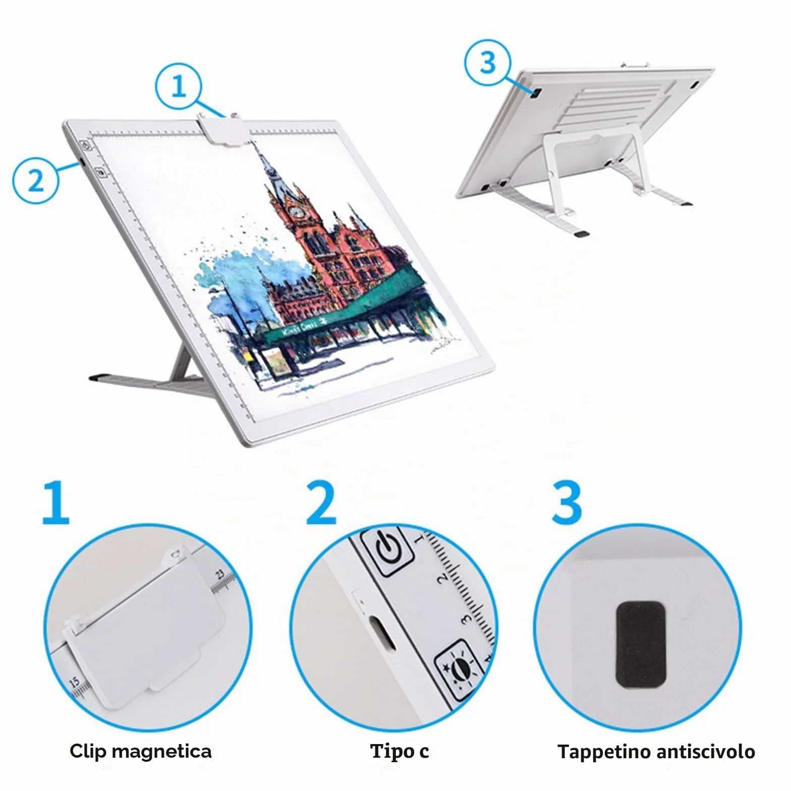 TOHETO A3 Ricaricabile Tavoletta Luminosa per Disegnare con Supporto Pieghevole, Light Box LED per Disegno, Luminosità Regolabile, Bianco