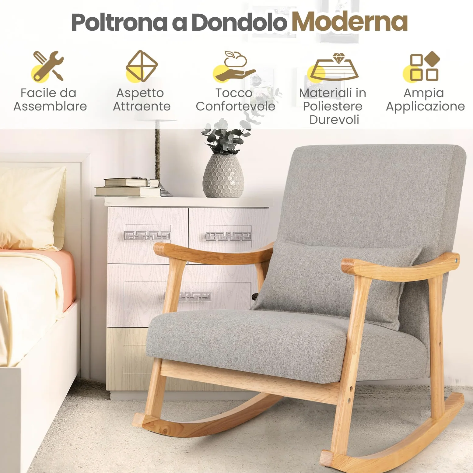 COSTWAY Sedia a Dondolo con Cuscino, Poltrona Dondolo Interno Ergonomica con Schienale Alto, Seduta Imbottito, in Legno di Gomma, per Soggiorno e Camera da Letto (Grigio)