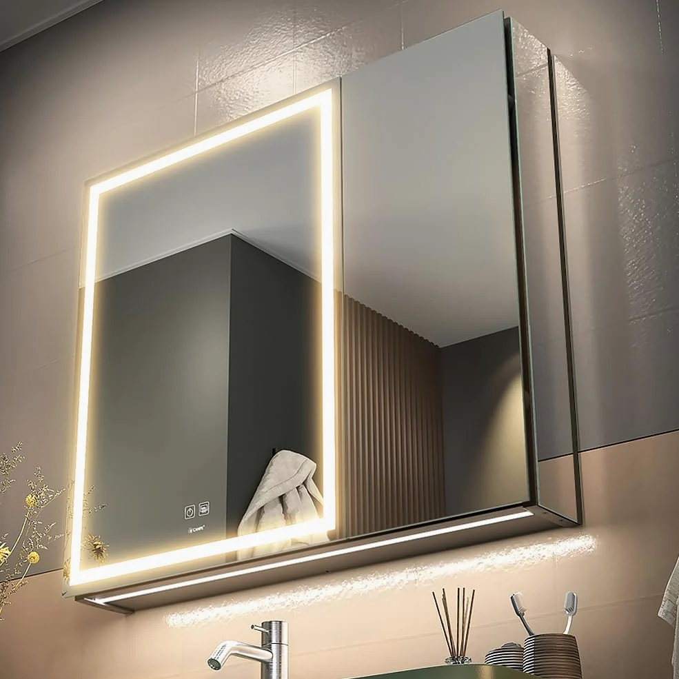 GANPE Armadietto da bagno con specchio per medicinali illuminato a LED, anti-appannamento, modalità a 3 colori, dimmerabile, mensole, prese e USB (70 x 75 cm)