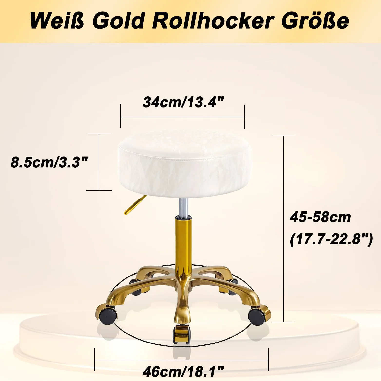 Dorato Sgabello con Ruote, Sedia con Rotelle Regolabile Altezza, Motivo Ghiacciaio Pelle PU, Trucco Sgabelli Girevole per Trucco, Salone e Spa, Capacità 400 Libbre (Bianco, Senza Schienale)