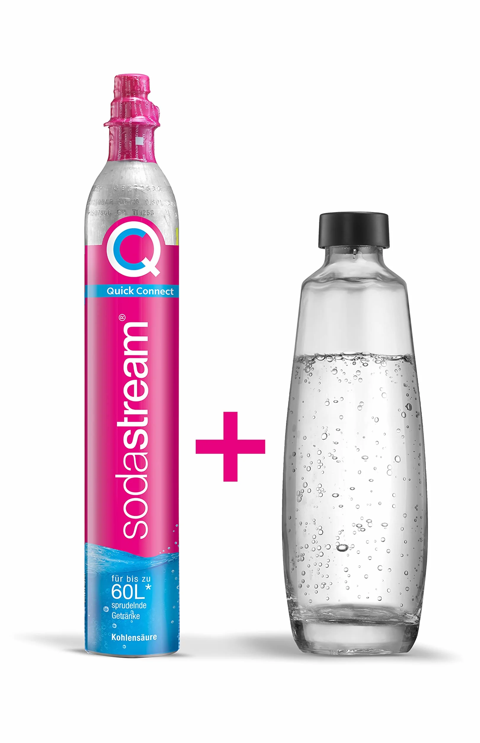 SodaStream Confezione di riserva QC con 1 Cilindro Quick Connect CO2 (resa: 60L) e 1 Bottiglia di Vetro da 1,0 l, Rosa, 27,5 x 16 x 44, 1053400490