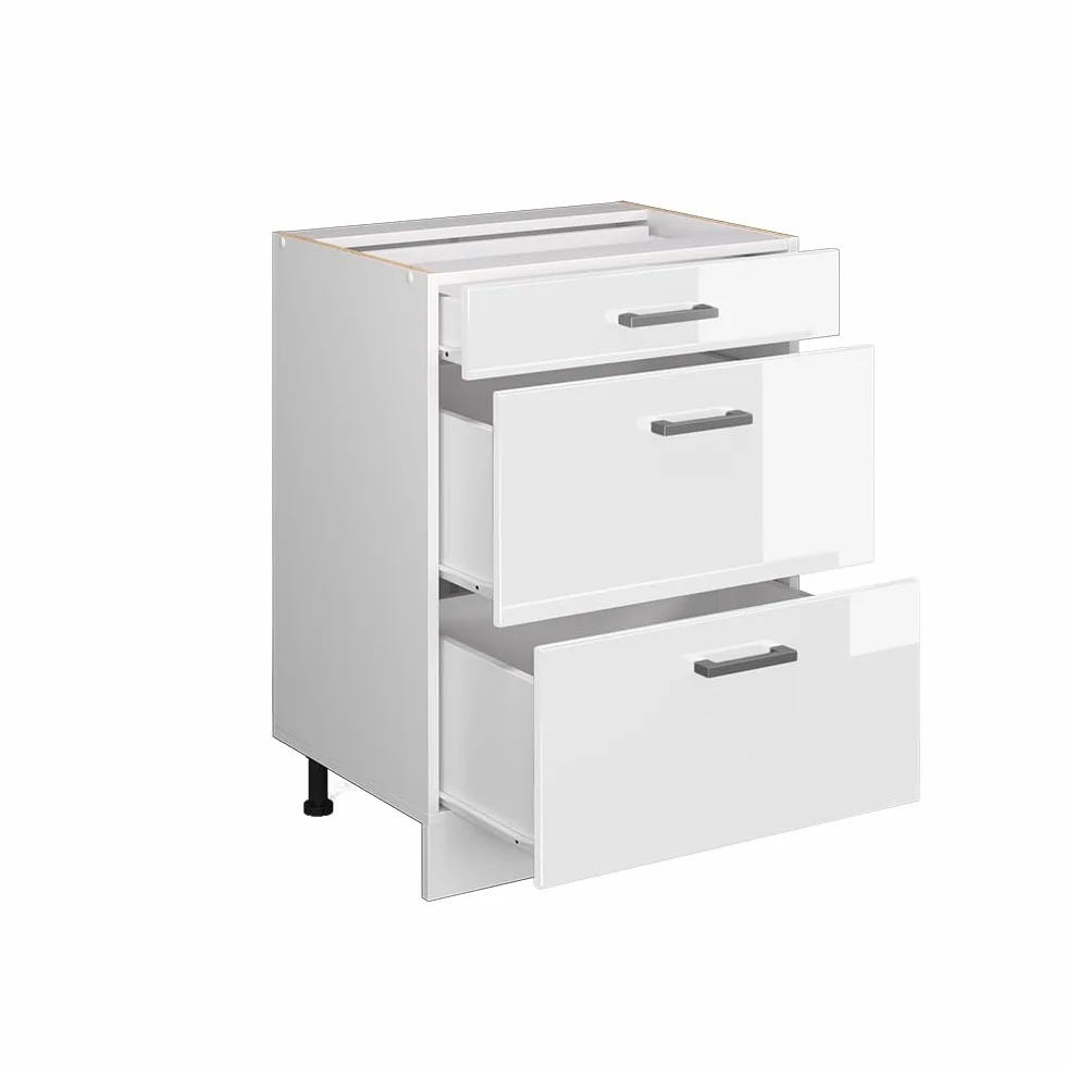 Vicco Mobiletto base per cucina R-Line, Bianco lucido, 60 cm con cassetti, senza piano di lavoro, per la libera combinazione all'interno di sistemi cucina modulari