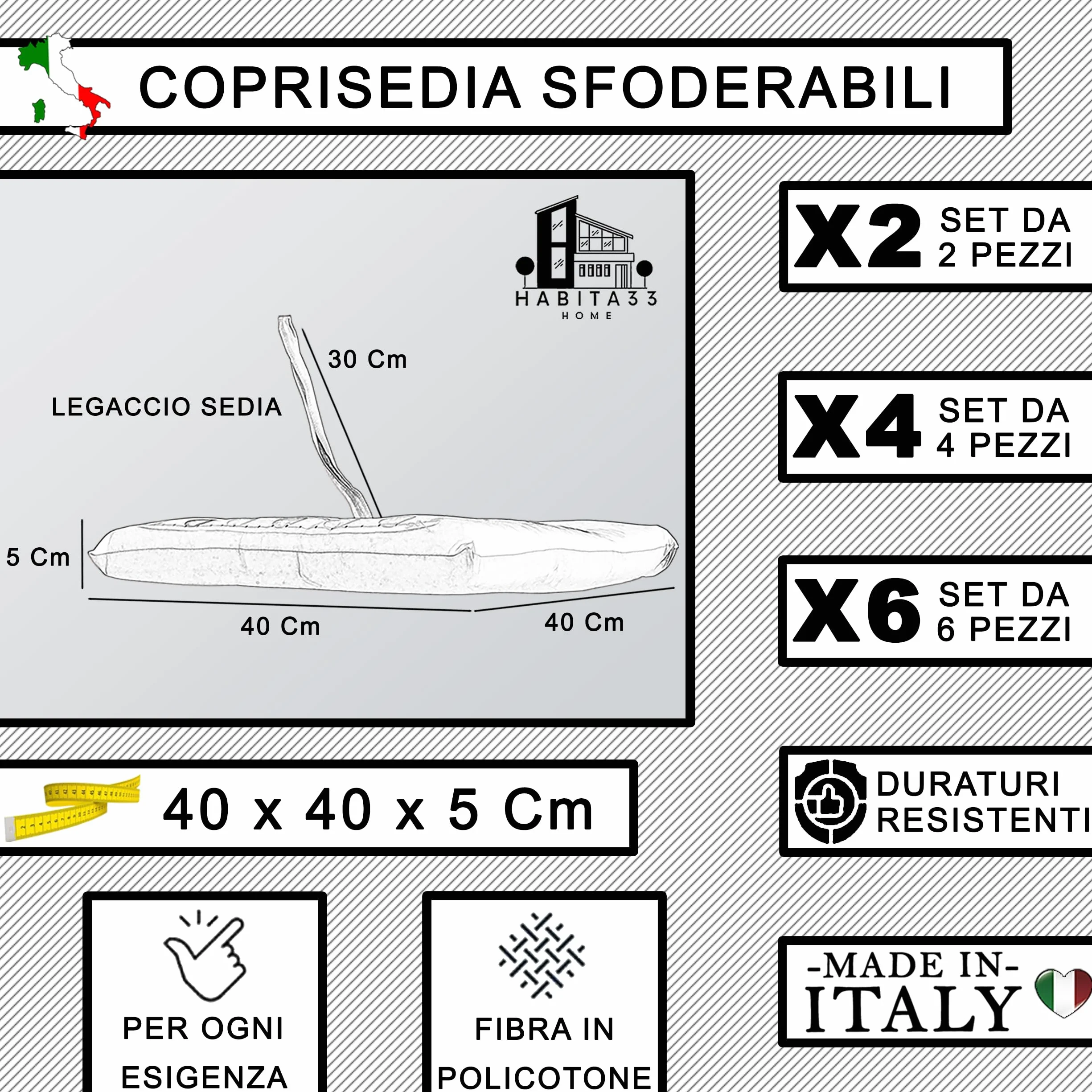 Cuscini Sedie Cucina Set da 6, 40x40 cm, Copri Sedia Sfoderabili double face in Tessuto Loneta Made in Italy (Sorrento Beige)