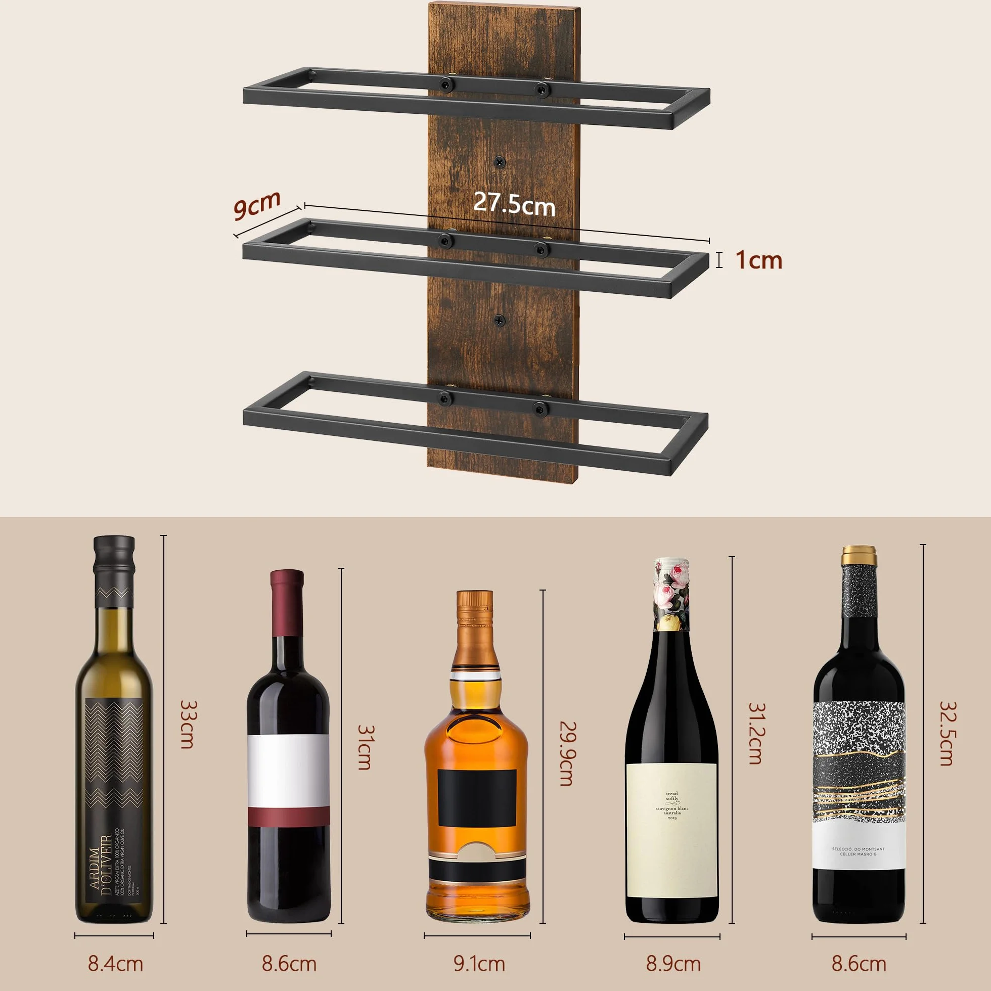 FAVOOSTY Portabottiglie da Parete in Legno per 9 Bottiglie da Appendere per Cucina, Sala da Pranzo, Bar