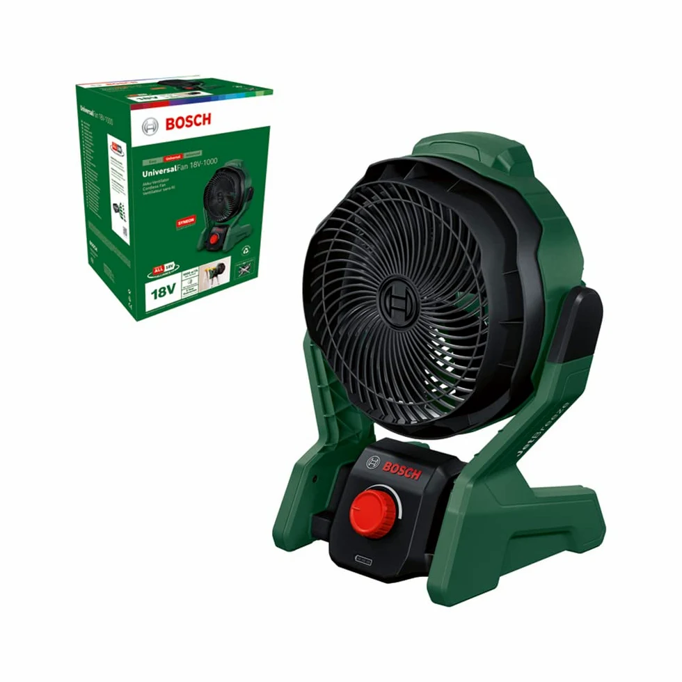 Bosch Ventilatore portatile a batteria UniversalFan 18V-1000 (senza batteria, sistema 18 volt, per fai da te, campeggio e altro ancora, volume del flusso d'aria: 1.000 m³/h, in confezione di cartone)
