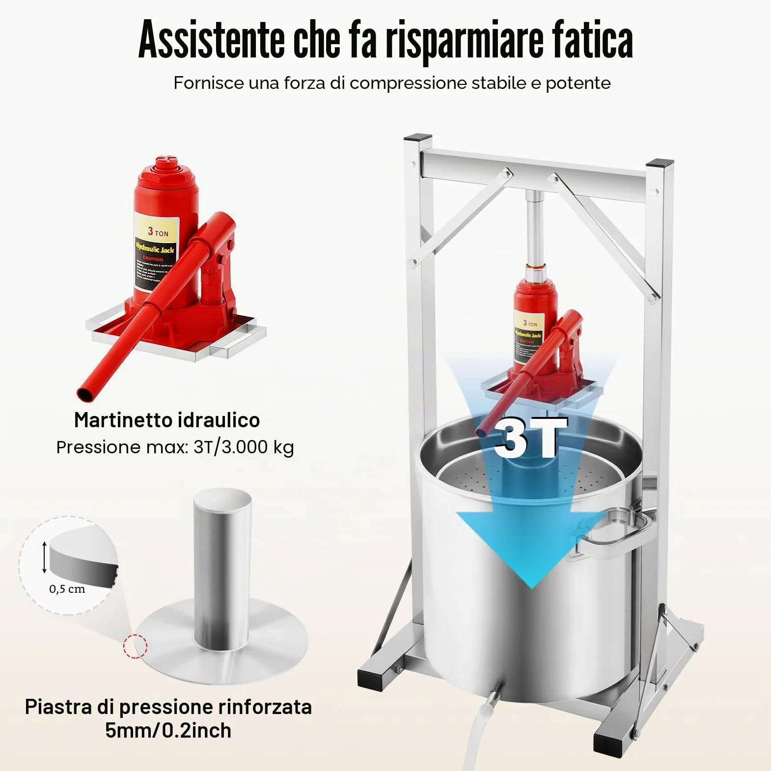 Torchio Idraulico per Frutta 22L, Spremifrutta in Acciaio Inox per Vino, Succo, Pressa Professionale Compatta, Uso Domestico e Cantina, con Filtro e Manici