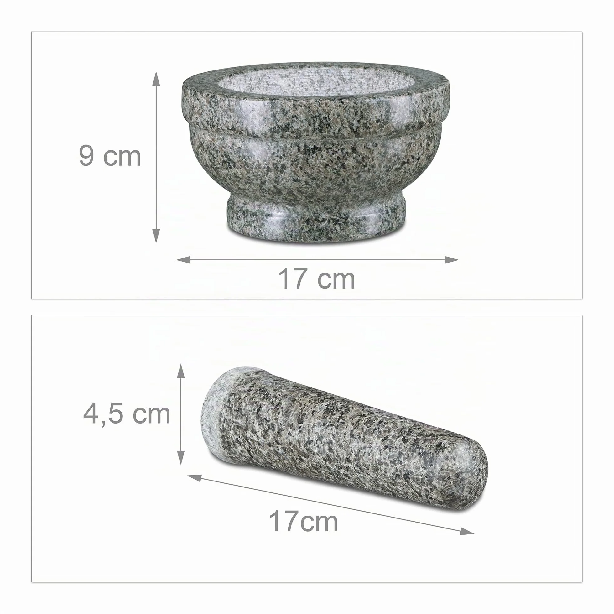 Relaxdays Mortaio e Pestello in Granito Vero Massiccio, Ø 17 cm, Grigio