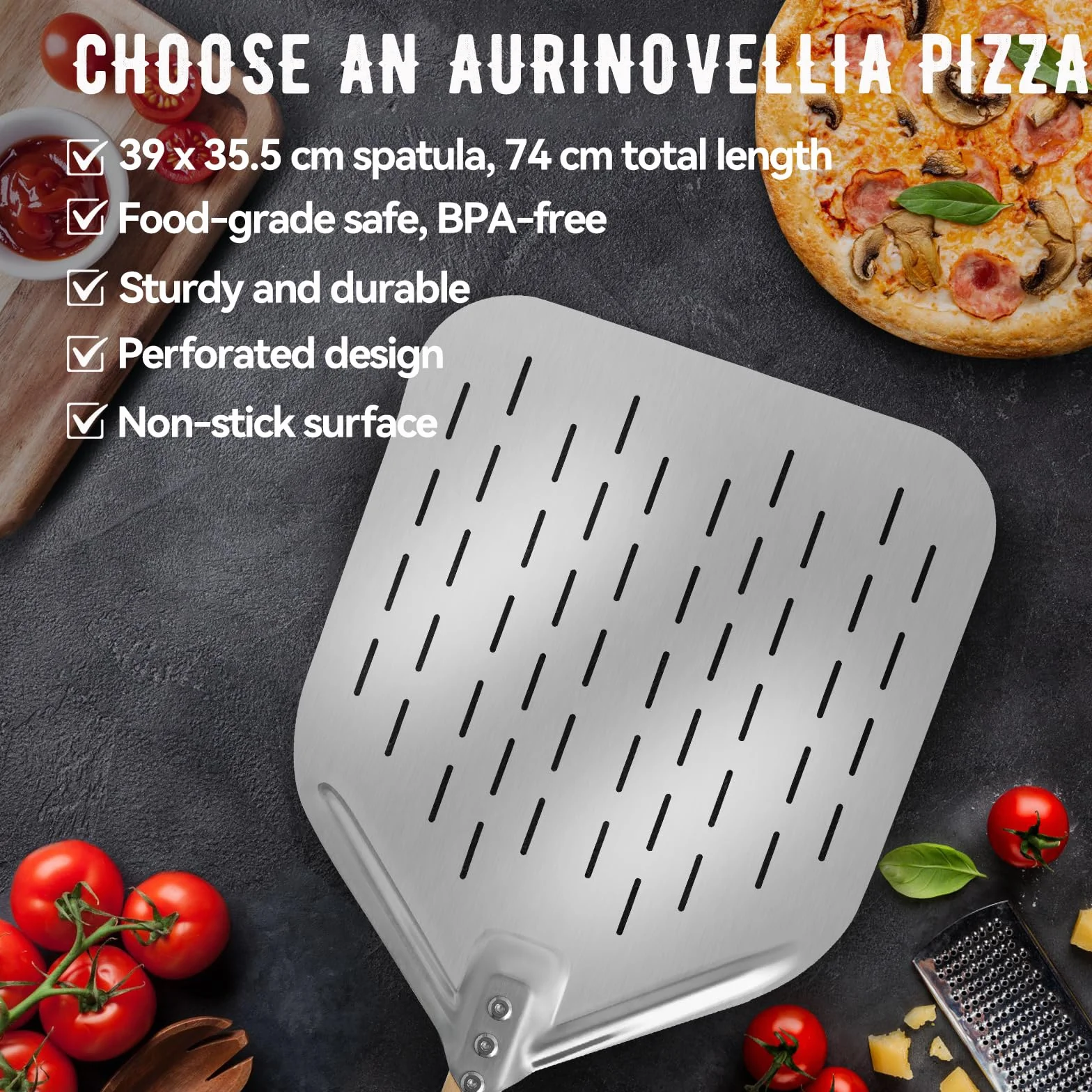 Pala per pizza in acciaio inox 39 x 30,5 cm 74 cm manico rimovibile
