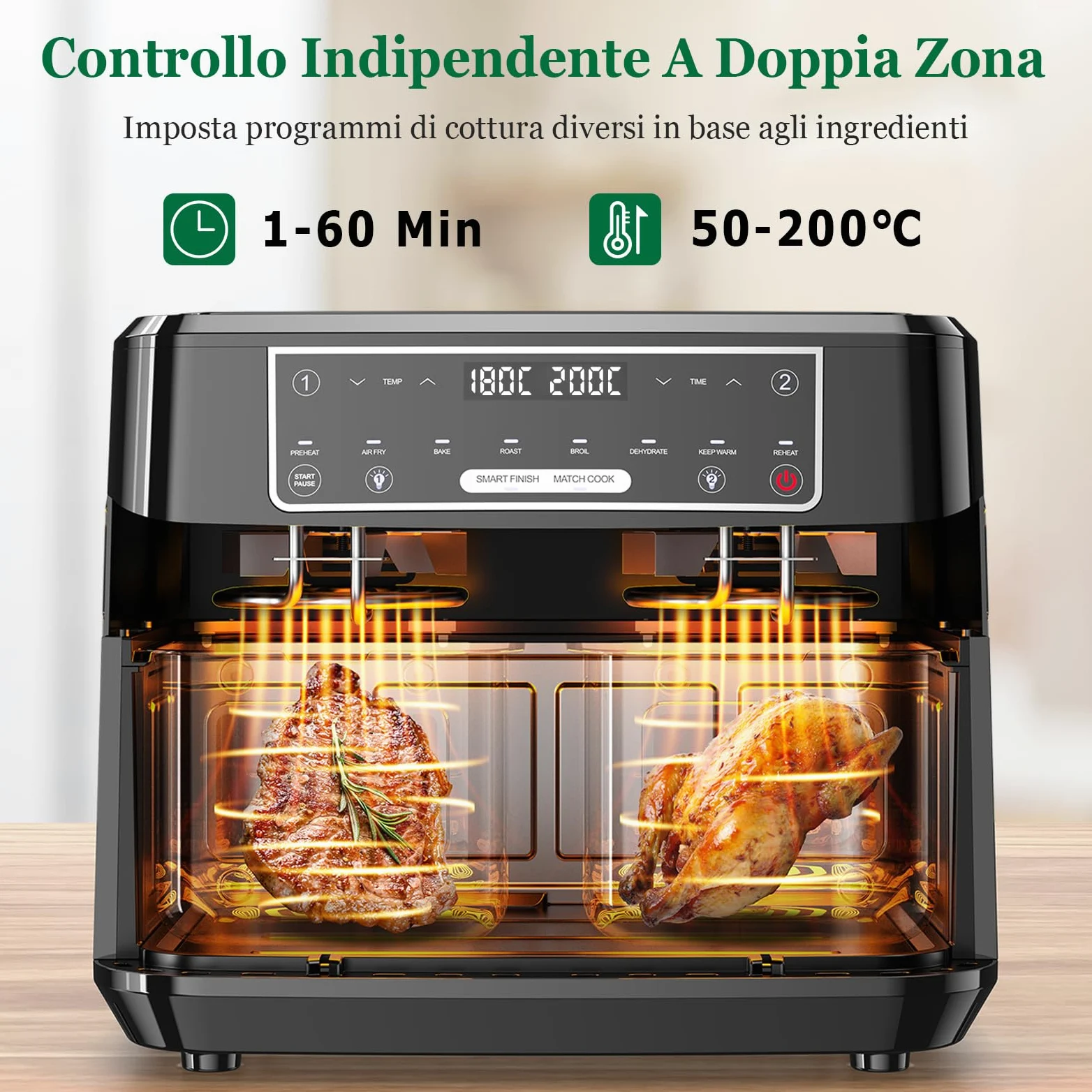 Friggitrice ad Aria Doppio Cestello | 10L Friggitrice Aria con Finestra Osserv Indipendente Temperatura, 8-in-1 Air Fryer Controllo Touch 50-200℃, Air Fryer Grande 2600W Luce Integrata Timer