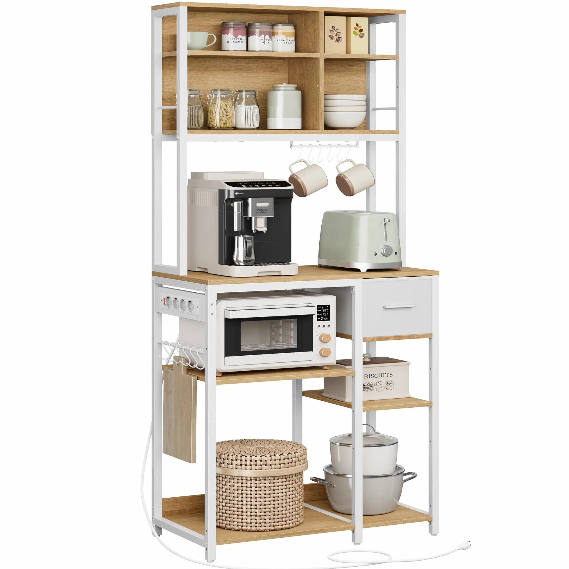 VASAGLE Scaffale Cucina con Multipresa, Mobile Cucina 40x80x180,4 cm, Ripiani Regolabili, Rovere Dorato e Bianco Nuvola