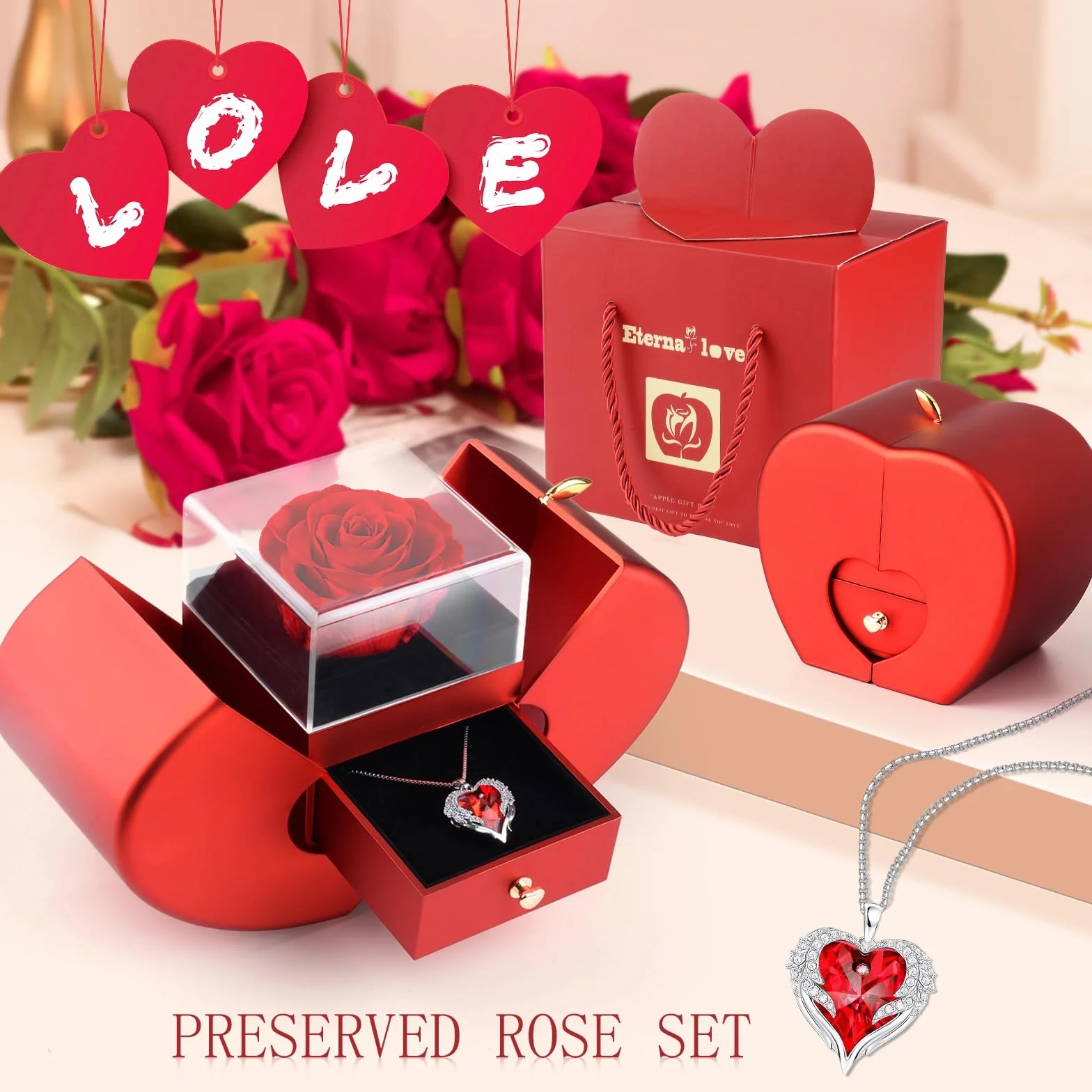 Rosa Stabilizzata Vera Collana Cuore Regalo Eterna Donna San Valentino