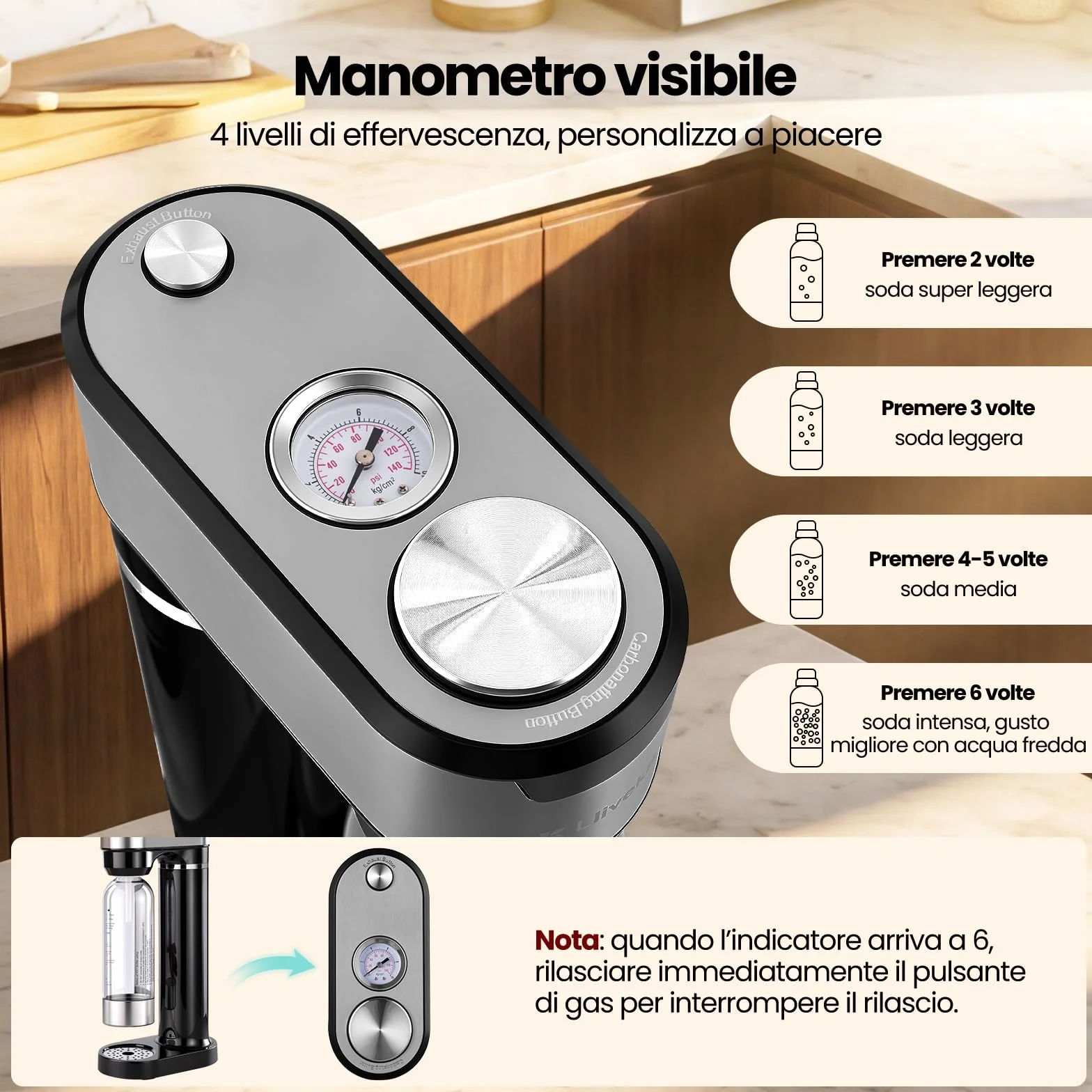 LLIVEKIT Gasatore d’acqua con 4 Livelli di Effervescenza, Bottiglie PET 0,5 L e 1 L, Acciaio Inox, Nero