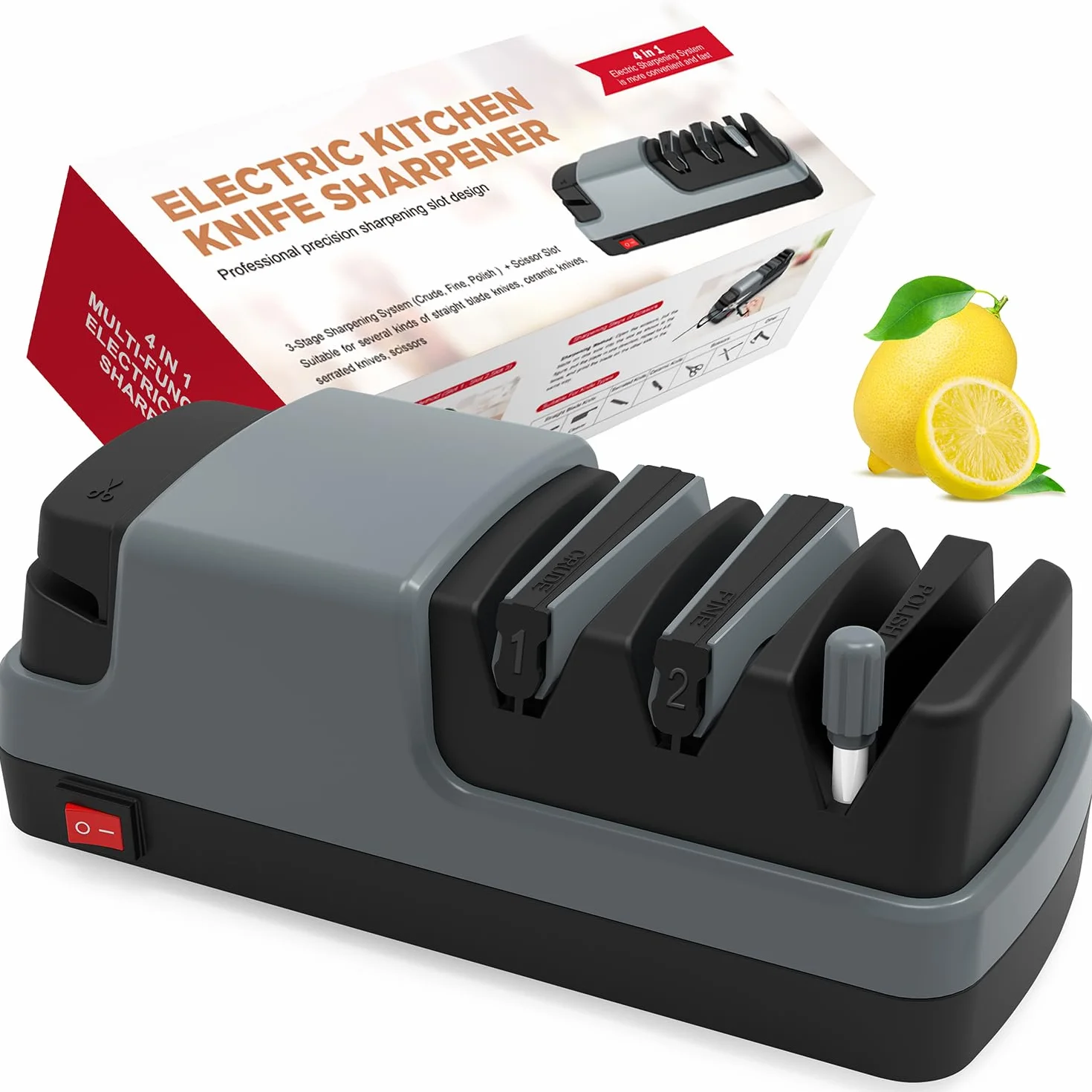 Affilacoltelli elettrico 4 in 1 per lame dritte, seghe, ceramica, grigio
