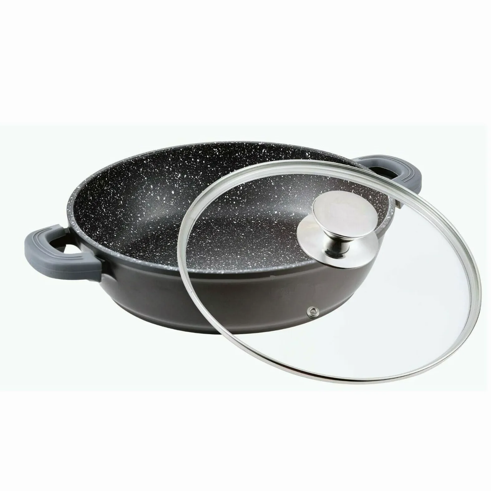 Padella Ø 40 cm con coperchio in vetro, padella da portata, padella per cottura a induzione, in alluminio pressofuso e rivestimento in marmo