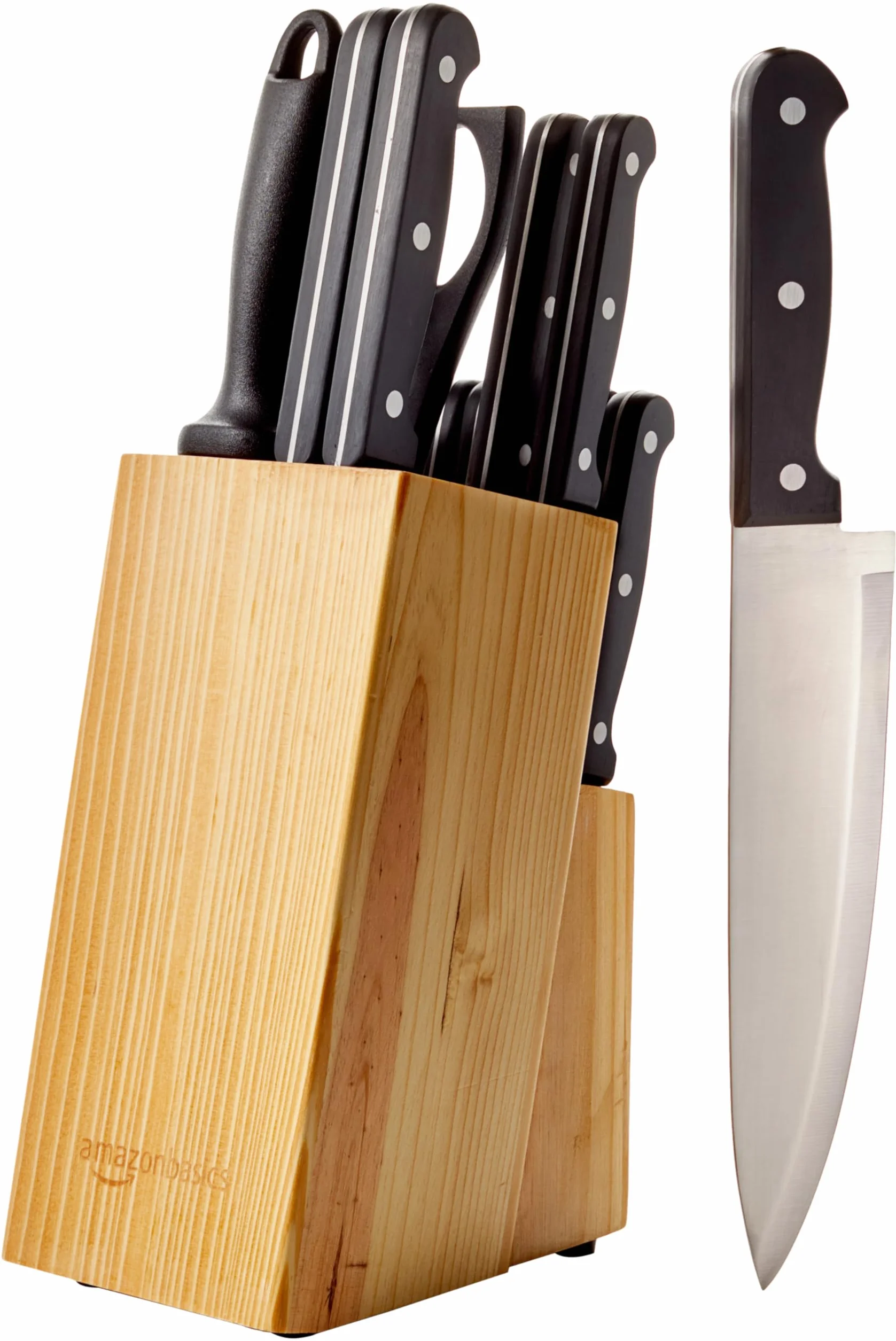 Amazon Basics Set di 14 Coltelli con Ceppo, Nero