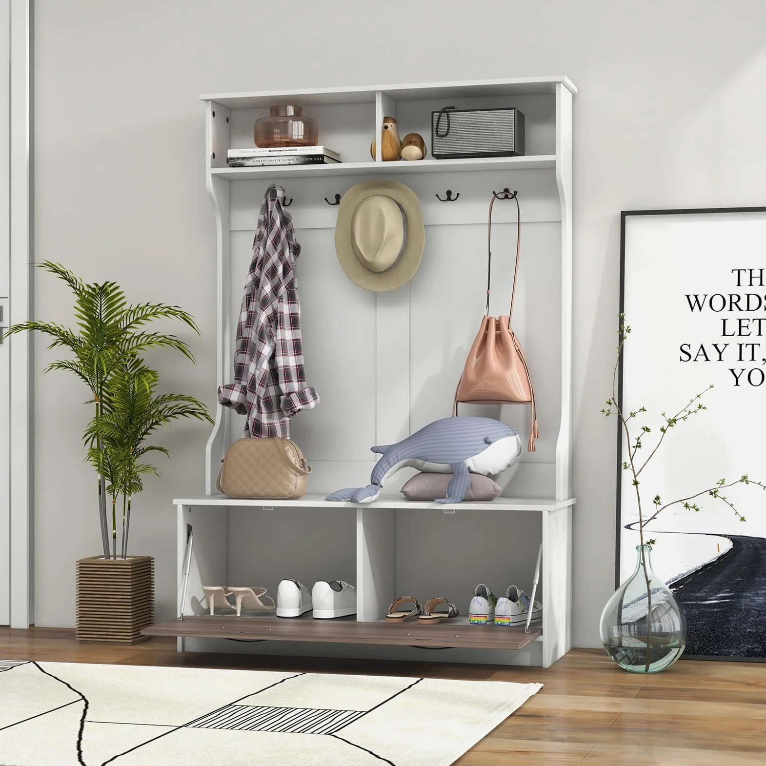 GIANTEX Appendiabiti con Panca da Scarpe, Armadio con Panca Portaoggetti e 5 Ganci e Scomparti, Mobile d'Ingresso Moderno per Corridoio, Camera da Letto, 100x40x160 cm (Bianco)