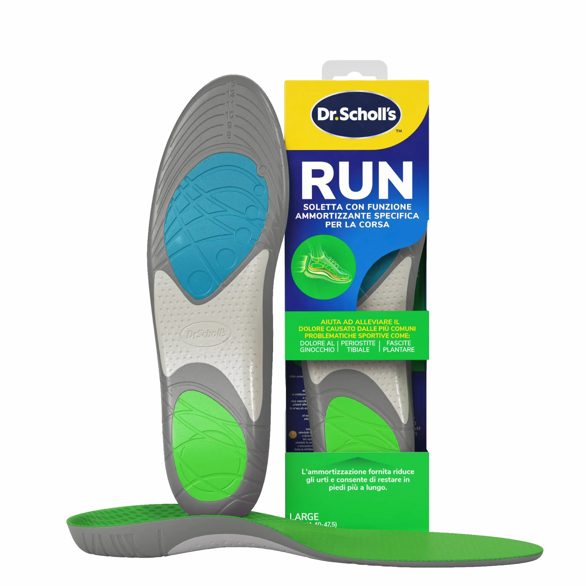 Dr. Scholl's Solette RUN con funzione ammortizzante per la corsa, Aiutano a ridurre ed alleviare il dolore alle ginocchia e quello causato da periostite tibiale, fascite plantare, misura 40-47.5